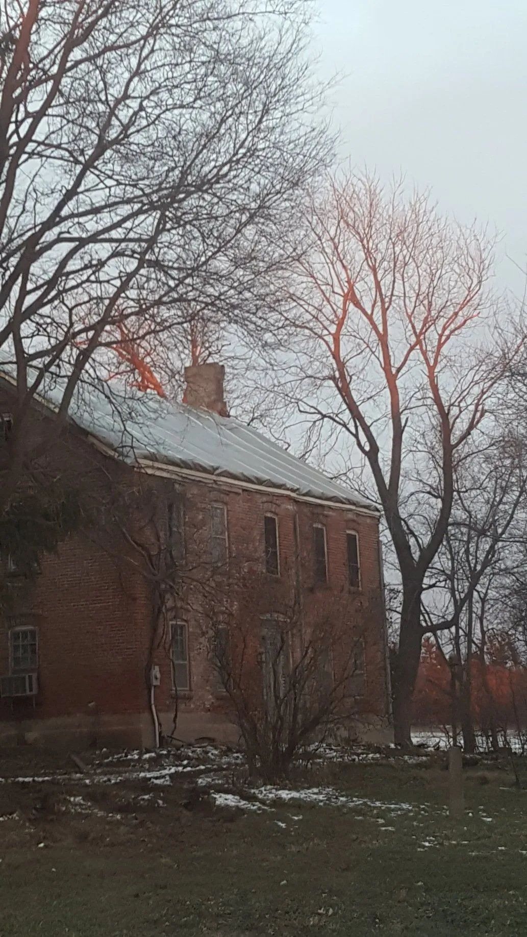 Bare brick house with leafless trees in a snowy yard under a gray winter sky