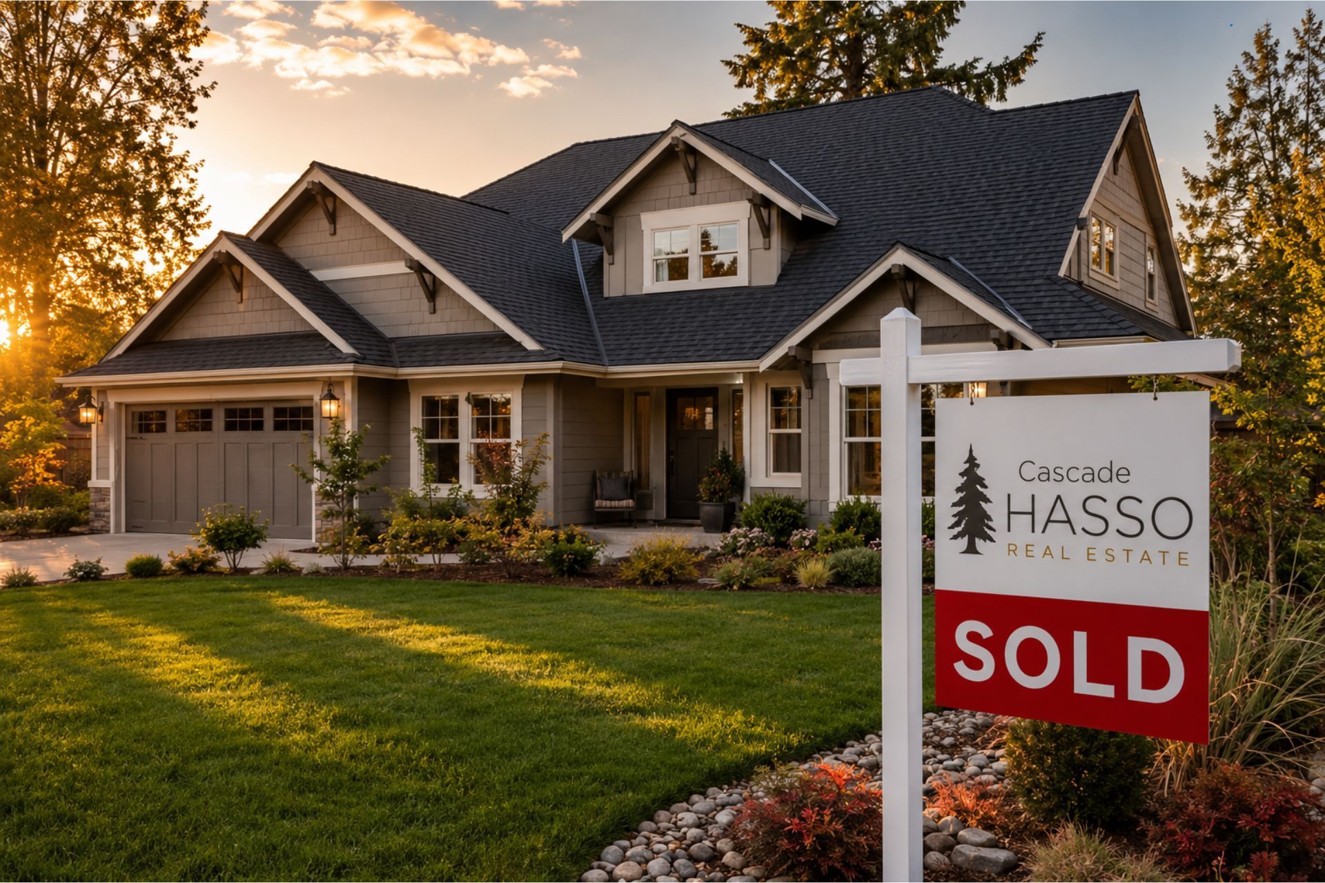 Modern Eugene craftsman home with a new dark charcoal shingle roof, lush green yard, and SOLD real e
