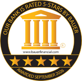Bauer Financial 5-star bank rating seal with gold columns, stars, and “Awarded September 2026” text