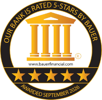 Bauer Financial 5-star bank rating seal with gold columns, stars, and “Awarded September 2026” text