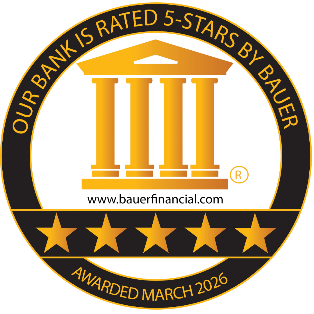 Bauer Financial 5-star bank rating seal with gold columns, stars, and awarded March 2026 text
