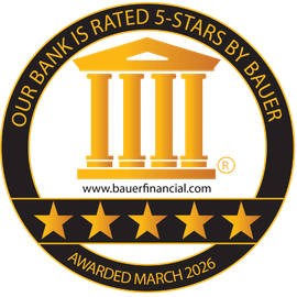 Bauer Financial 5-star bank rating seal with gold columns, stars, and awarded March 2026 text