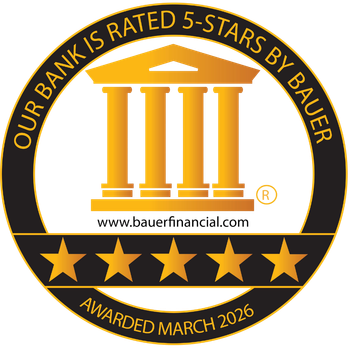 Bauer Financial 5-star bank rating seal with gold columns, stars, and awarded March 2026 text
