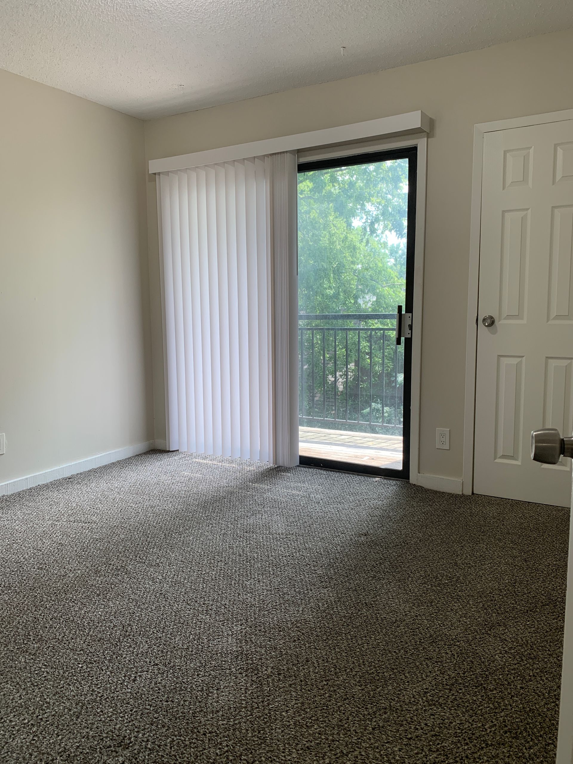 Empty room with gray patterned carpet, sliding glass door to a balcony, and a white door.