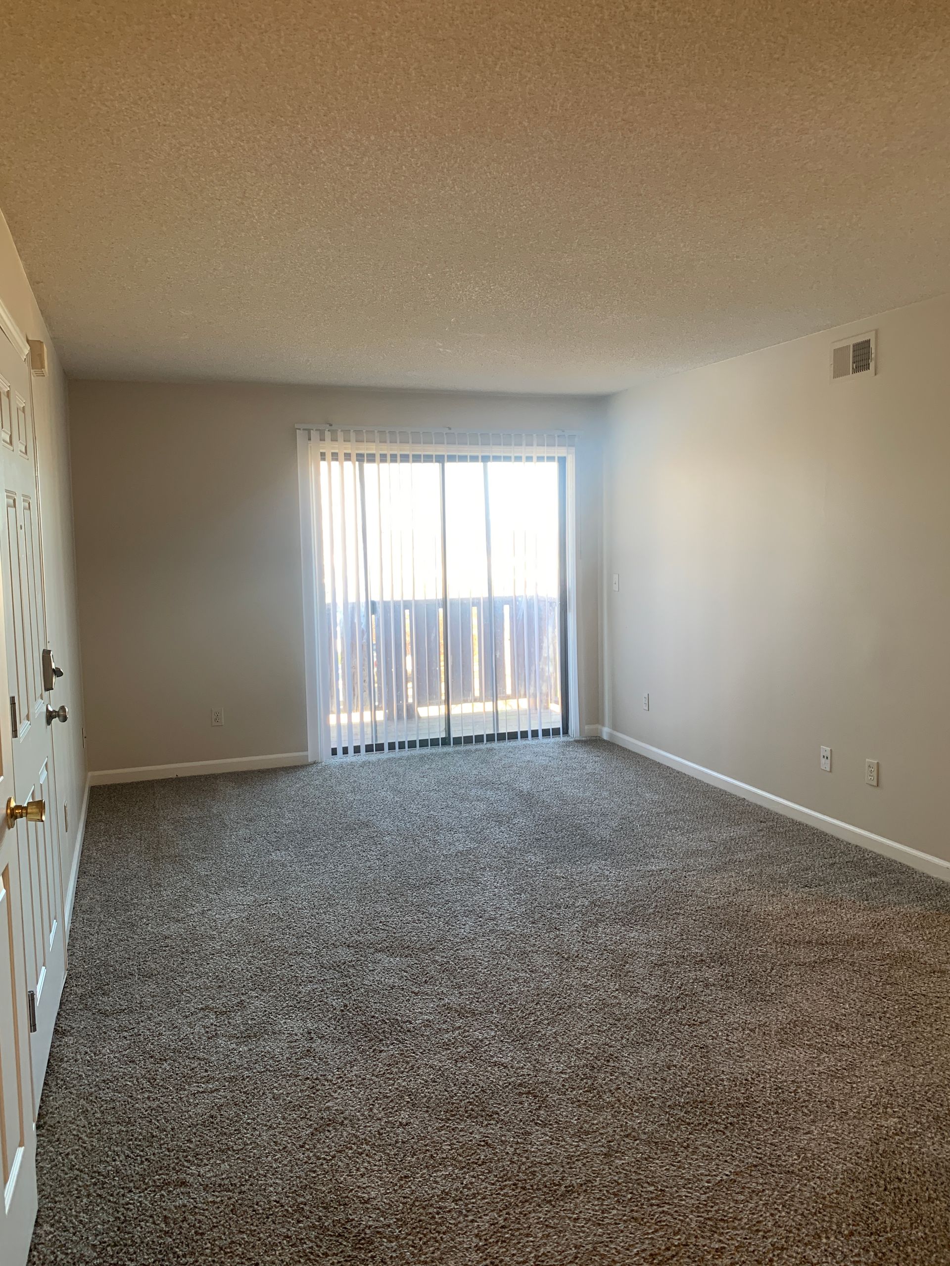 Empty room with gray carpet, a sliding glass door with sheer curtains, and light-colored walls.