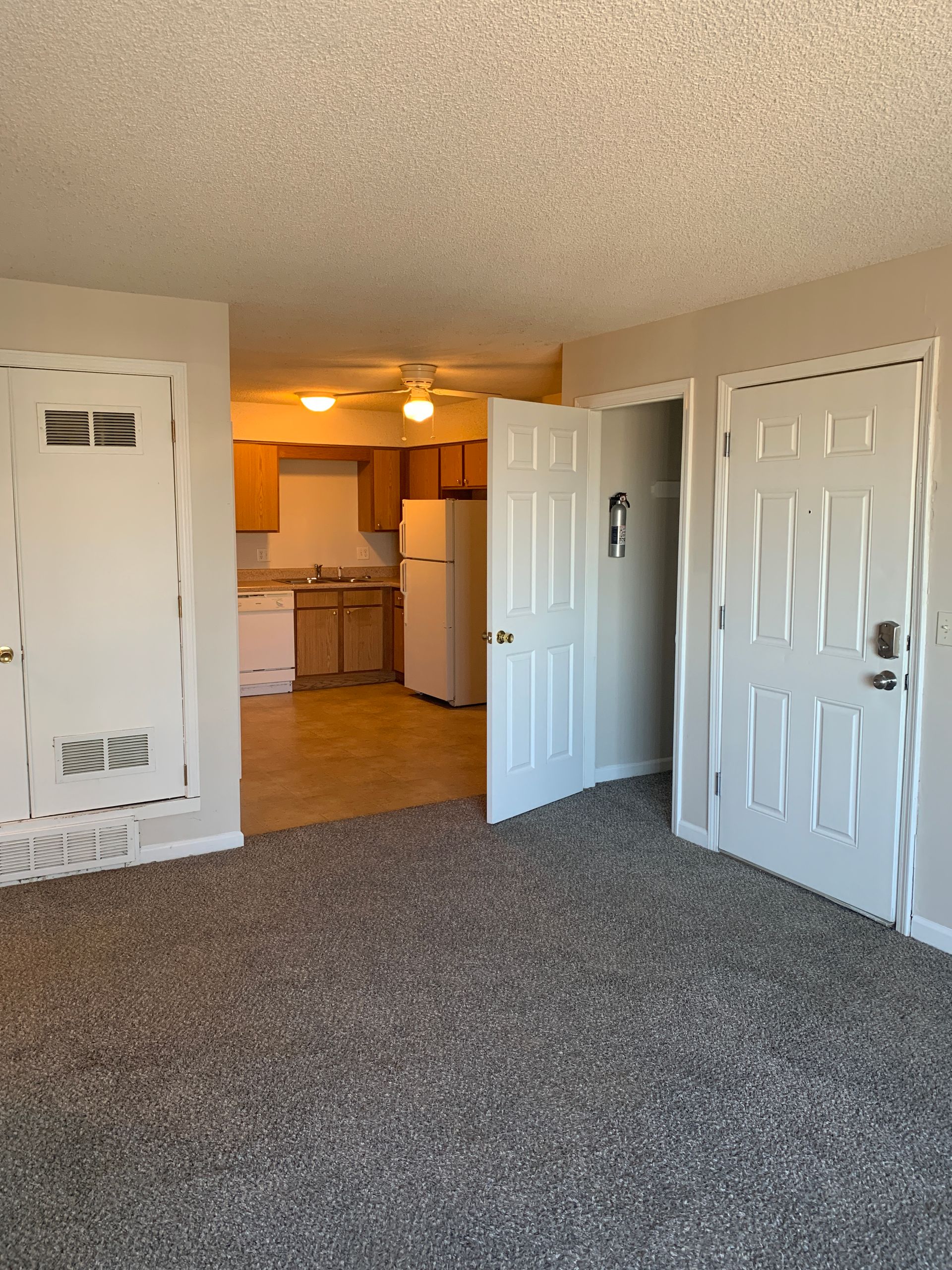 Interior view of a carpeted room with white doors, leading to a kitchen with cabinets and appliances.