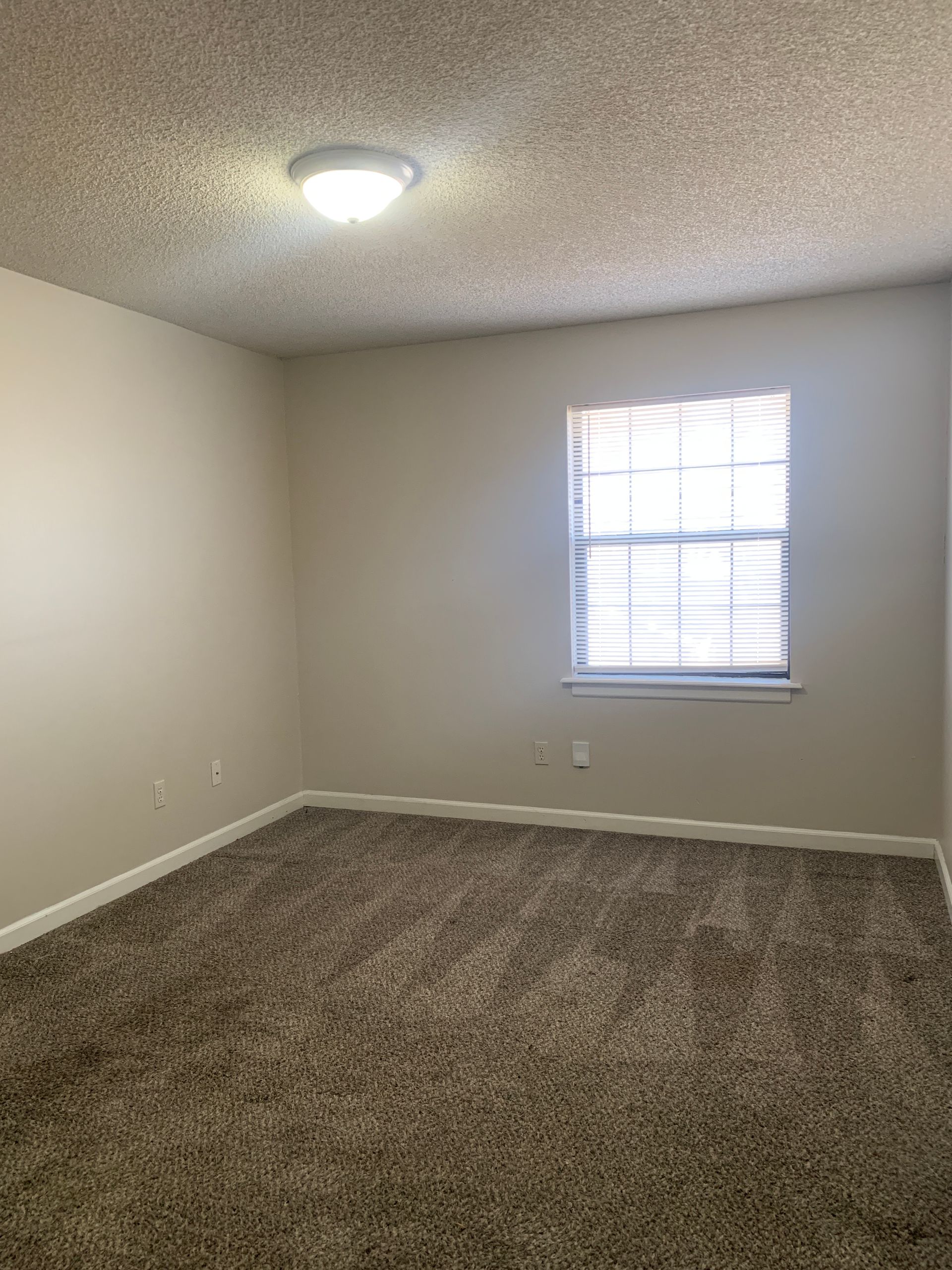 Empty room with beige walls, brown carpet, a window with blinds, and a ceiling light.