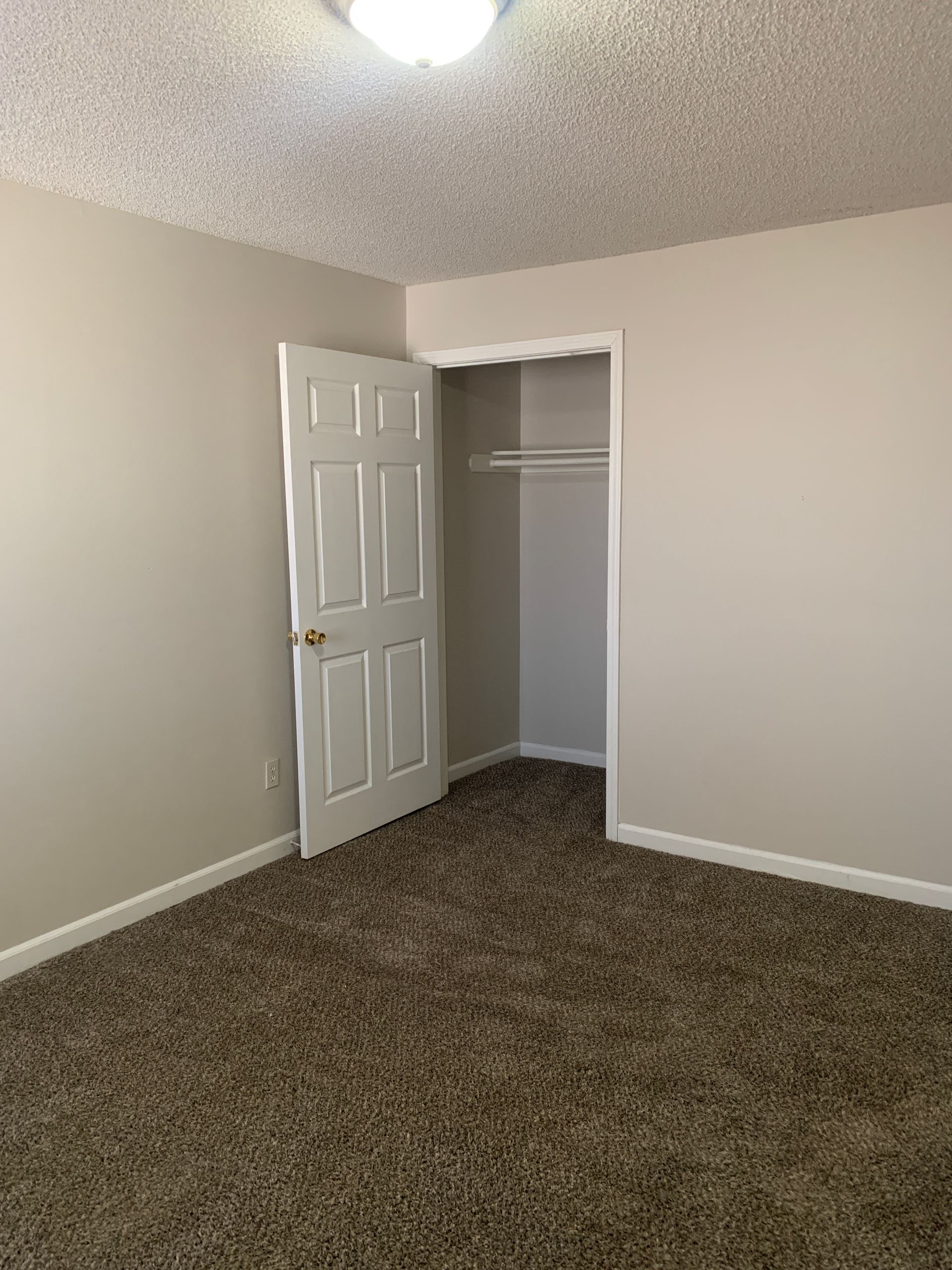 Empty bedroom with beige walls, brown carpet, and an open closet.