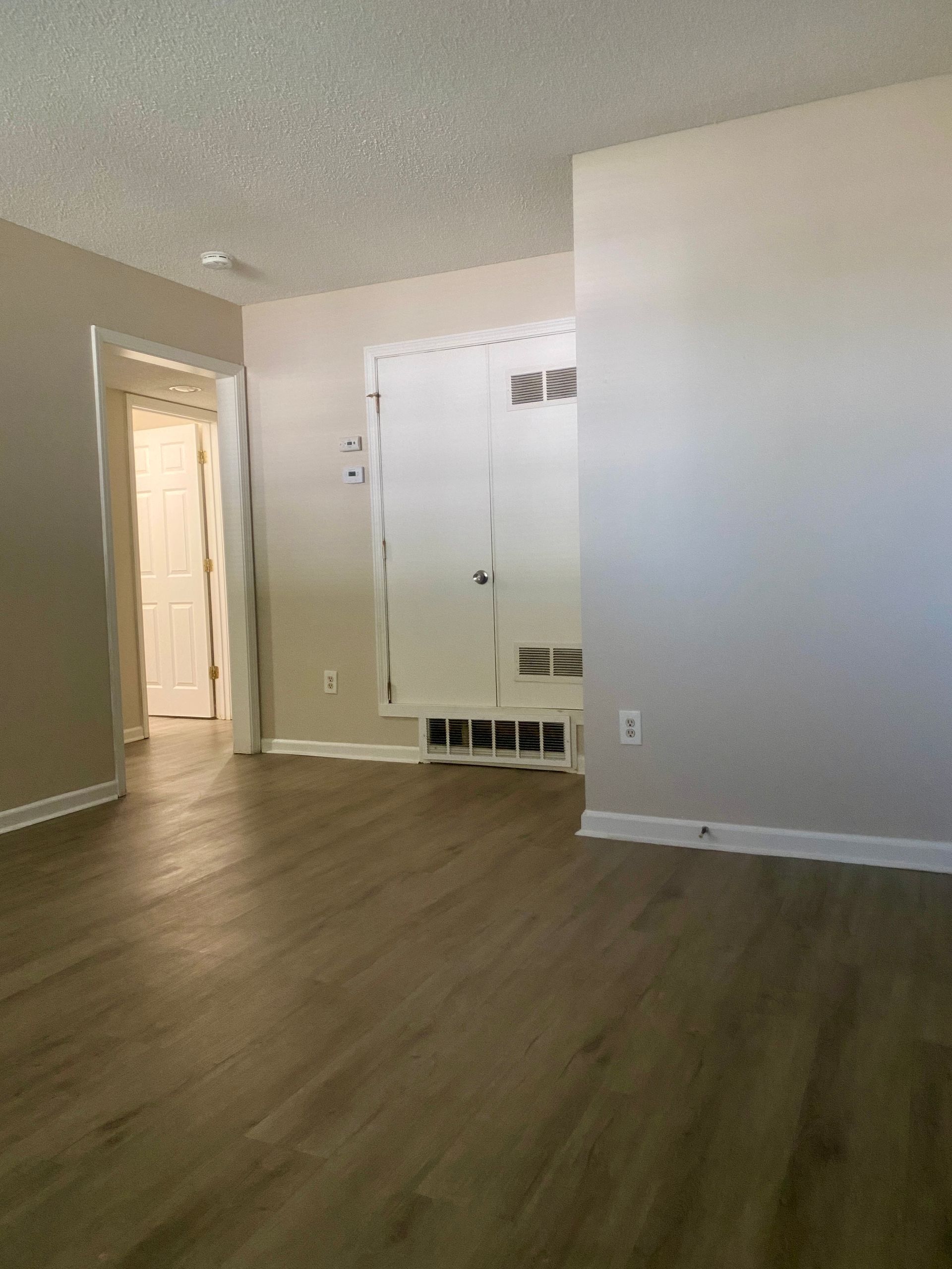 Empty room with wood-look floor, off-white walls, white door and closet, and doorway to another room.
