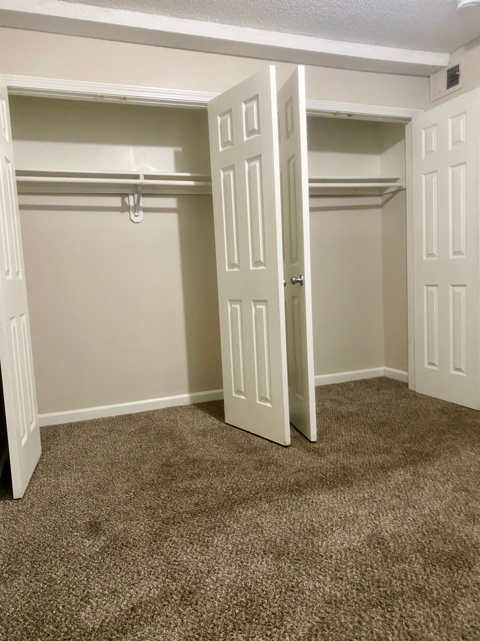 Empty closet with white doors, beige walls, and brown carpet.