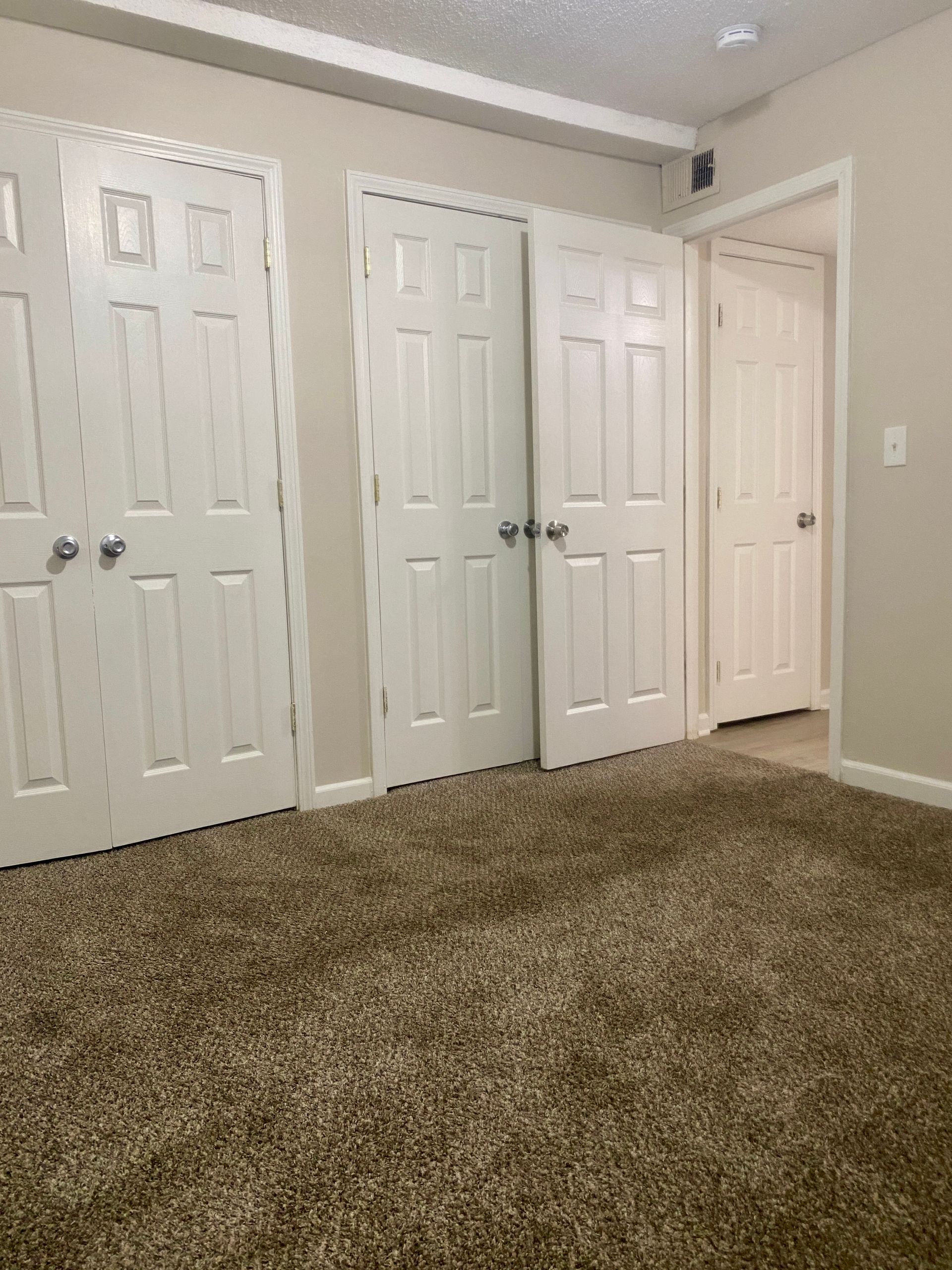 A room with three white doors and brown carpet. One door is open, leading to another room.