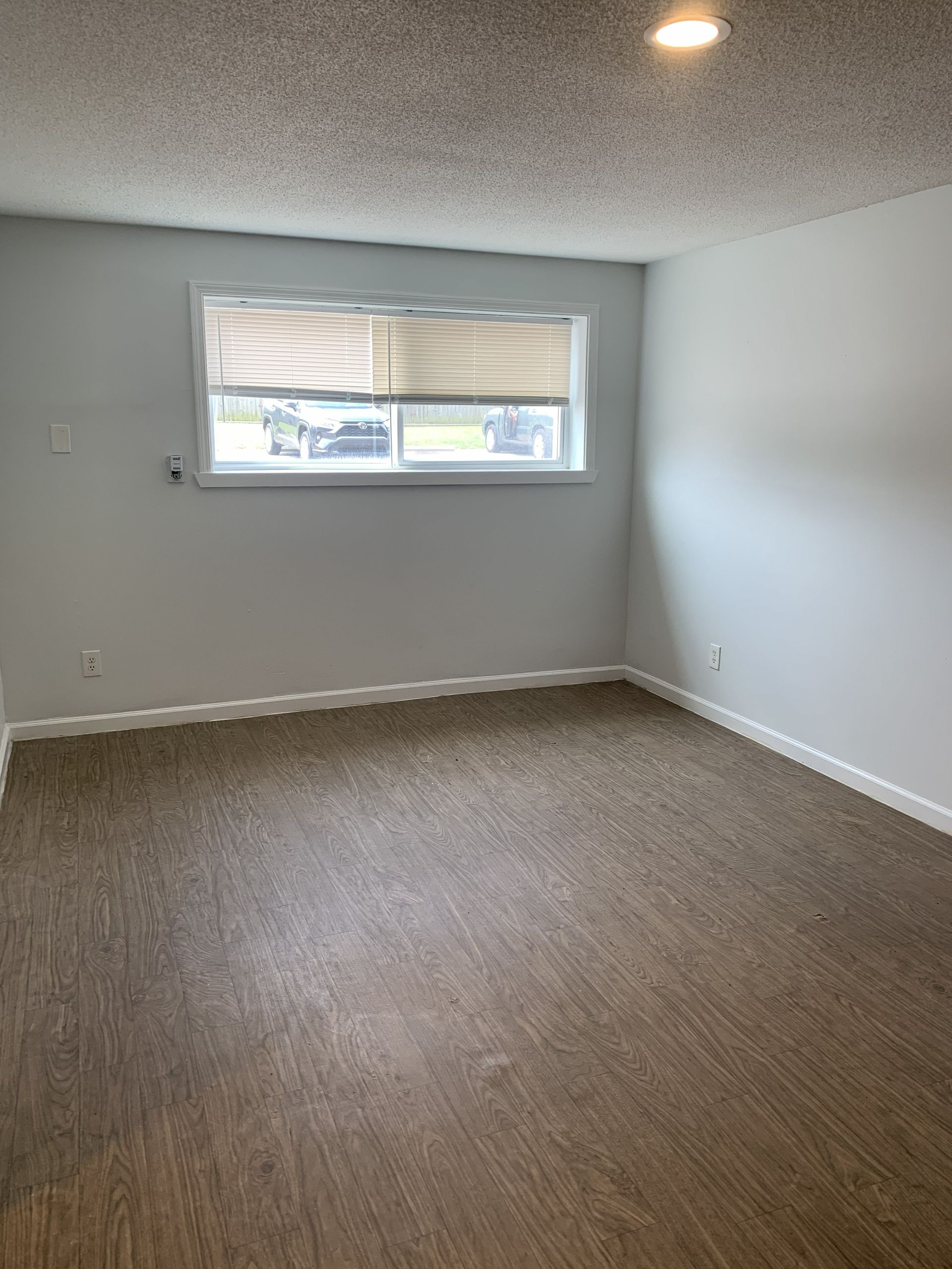 Empty room with wood-look flooring, a window, and light-colored walls.