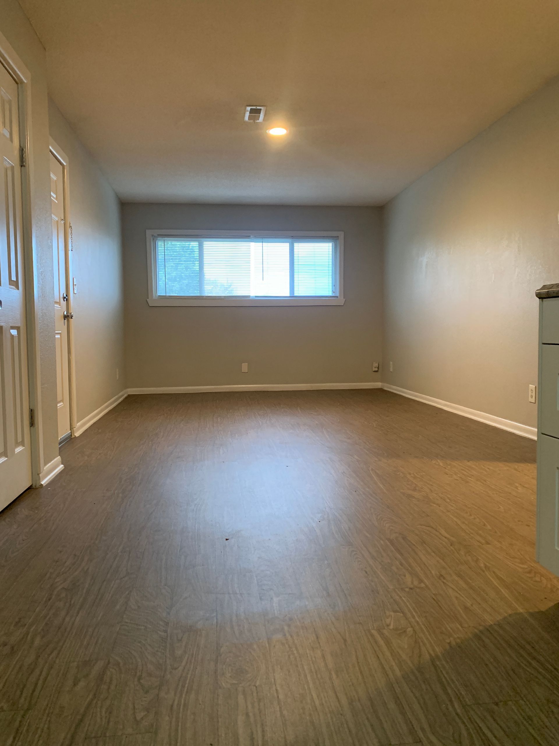 Empty room with wood-look flooring, a window with blinds, and doors. Walls are a neutral color.