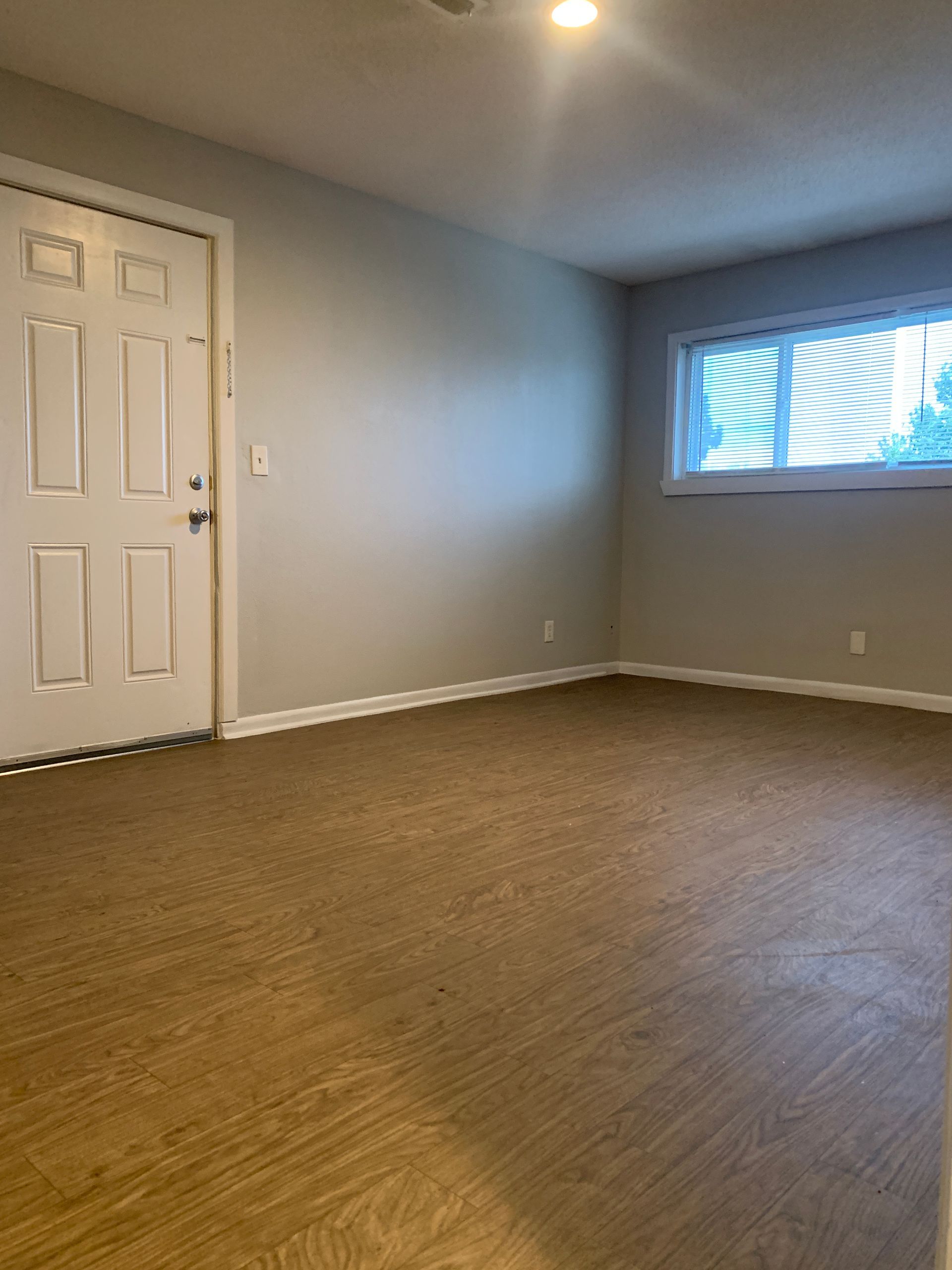 Empty room with brown flooring, light grey walls, white door, and window.