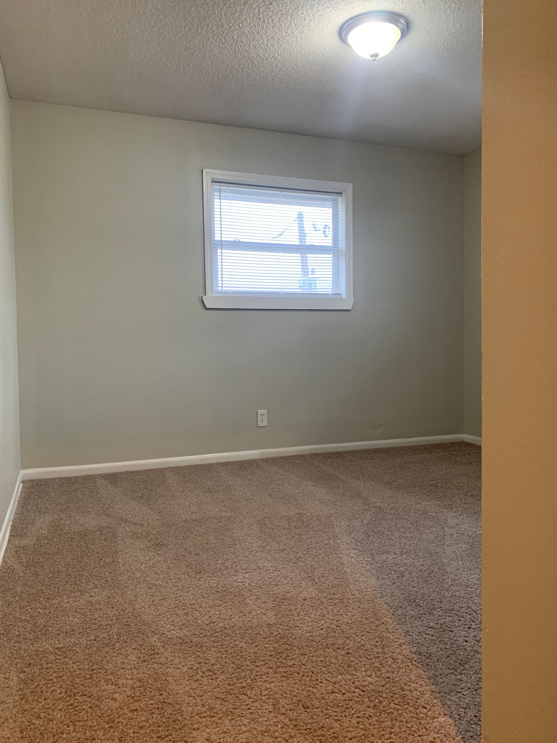 Empty bedroom with beige walls, brown carpet, a window with blinds, and a ceiling light.