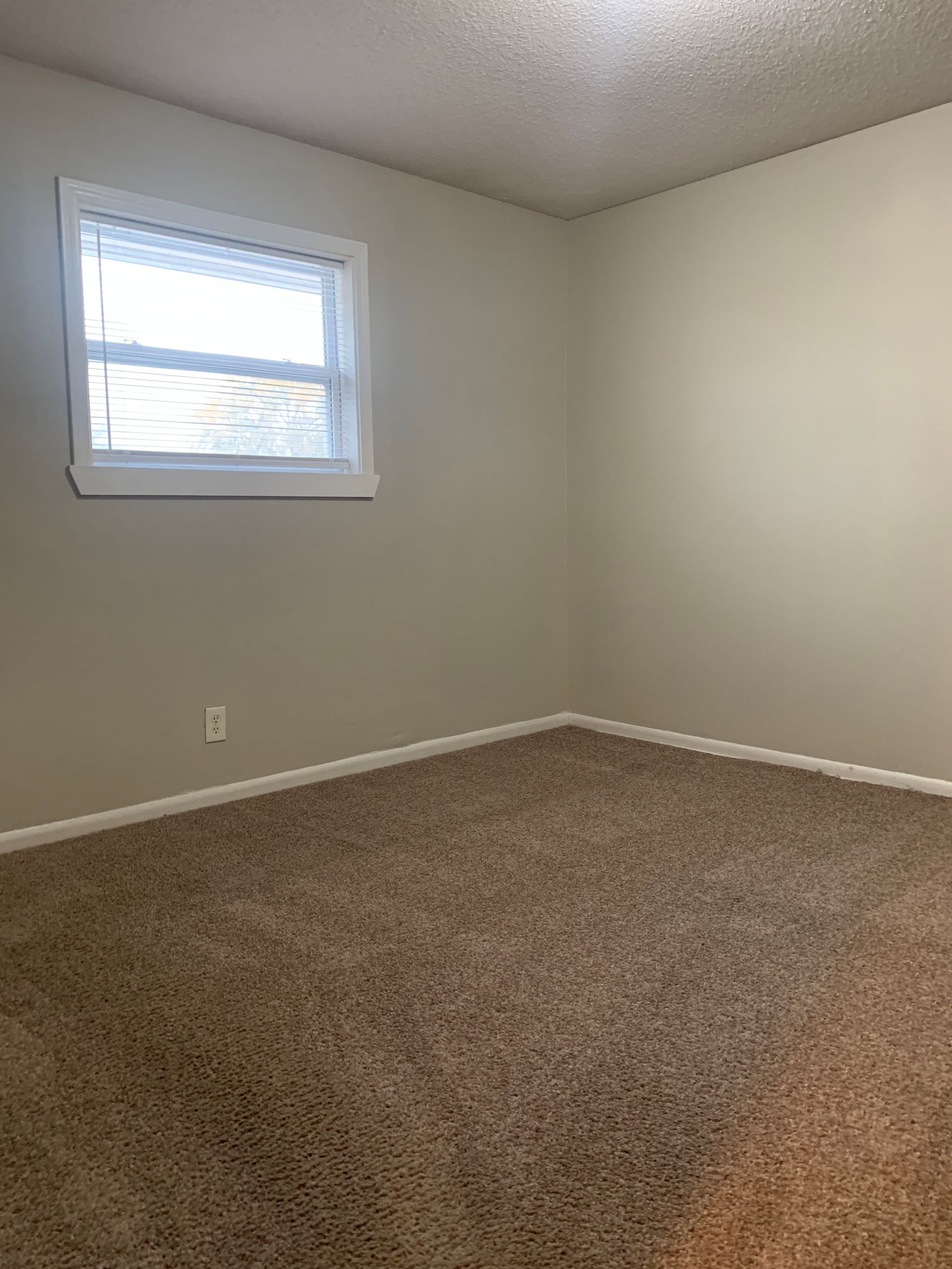 Empty room with beige walls, brown carpet, and a window with blinds.