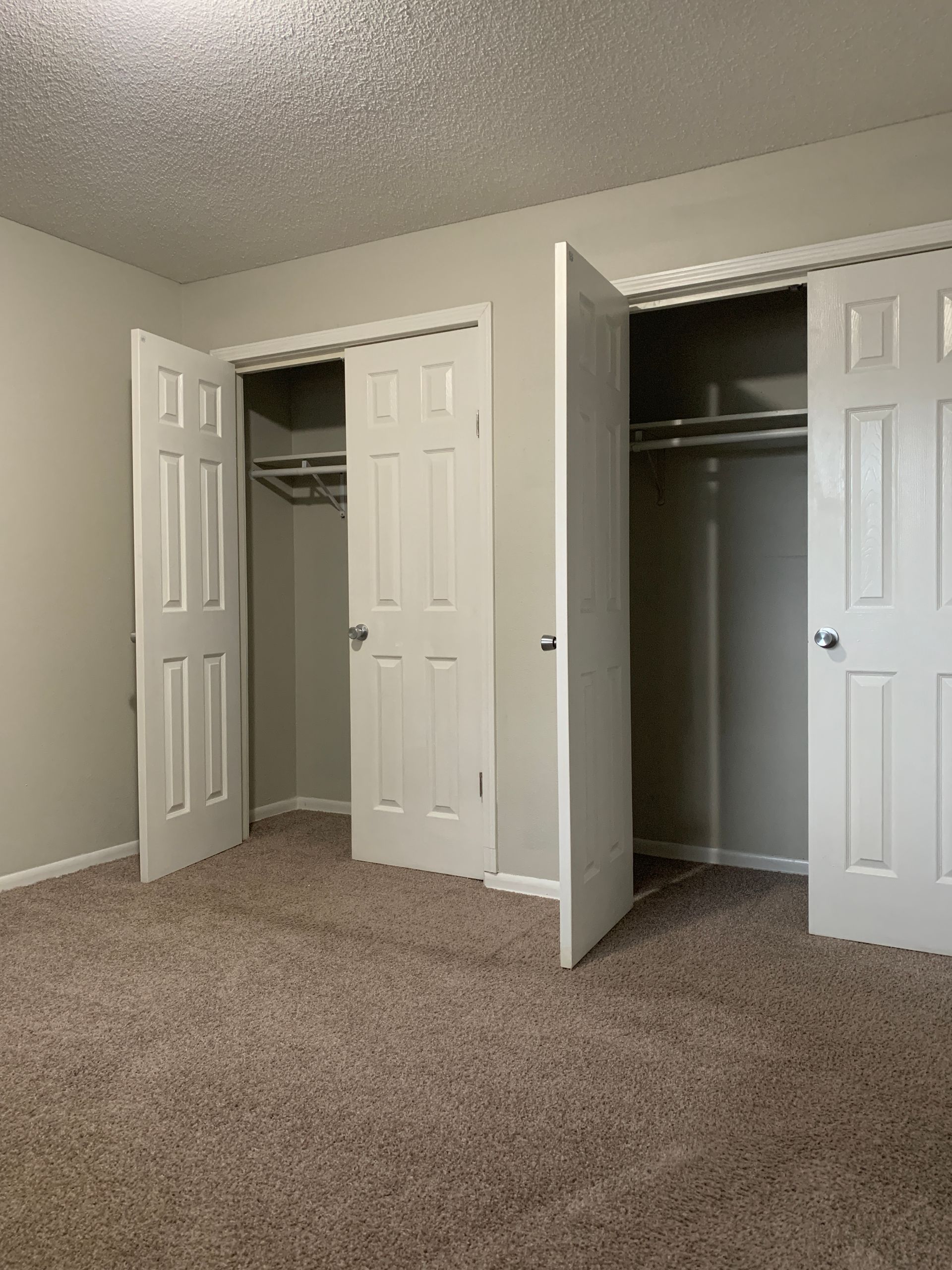 Two white closet doors open in a room with tan carpet and off-white walls.
