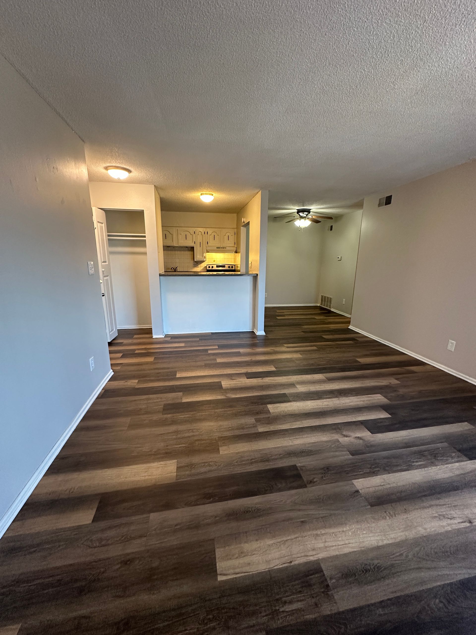 Empty apartment interior with dark wood-look flooring, light gray walls, and an open kitchen.