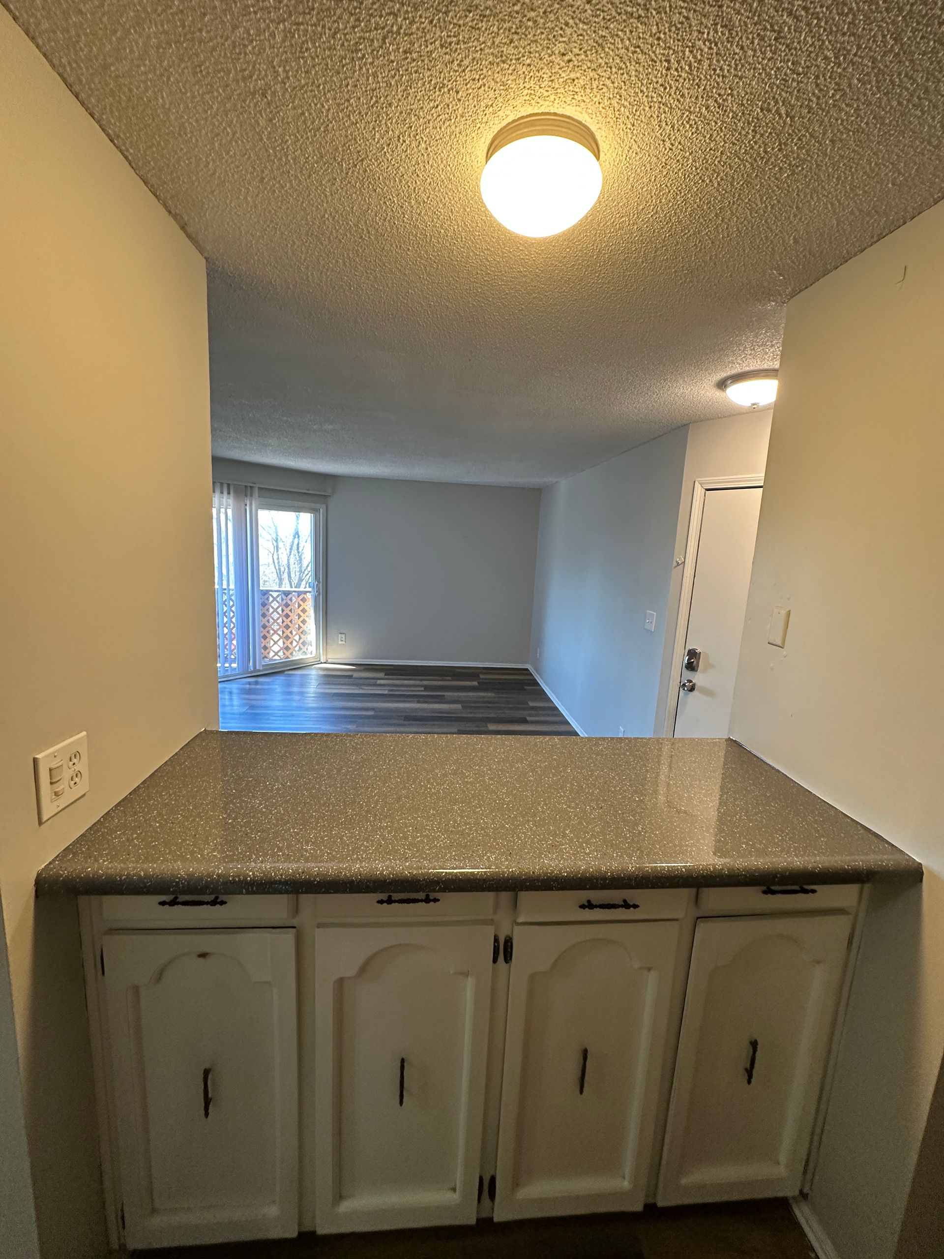 Kitchen counter with cabinets, looking into a living room with wooden floors.
