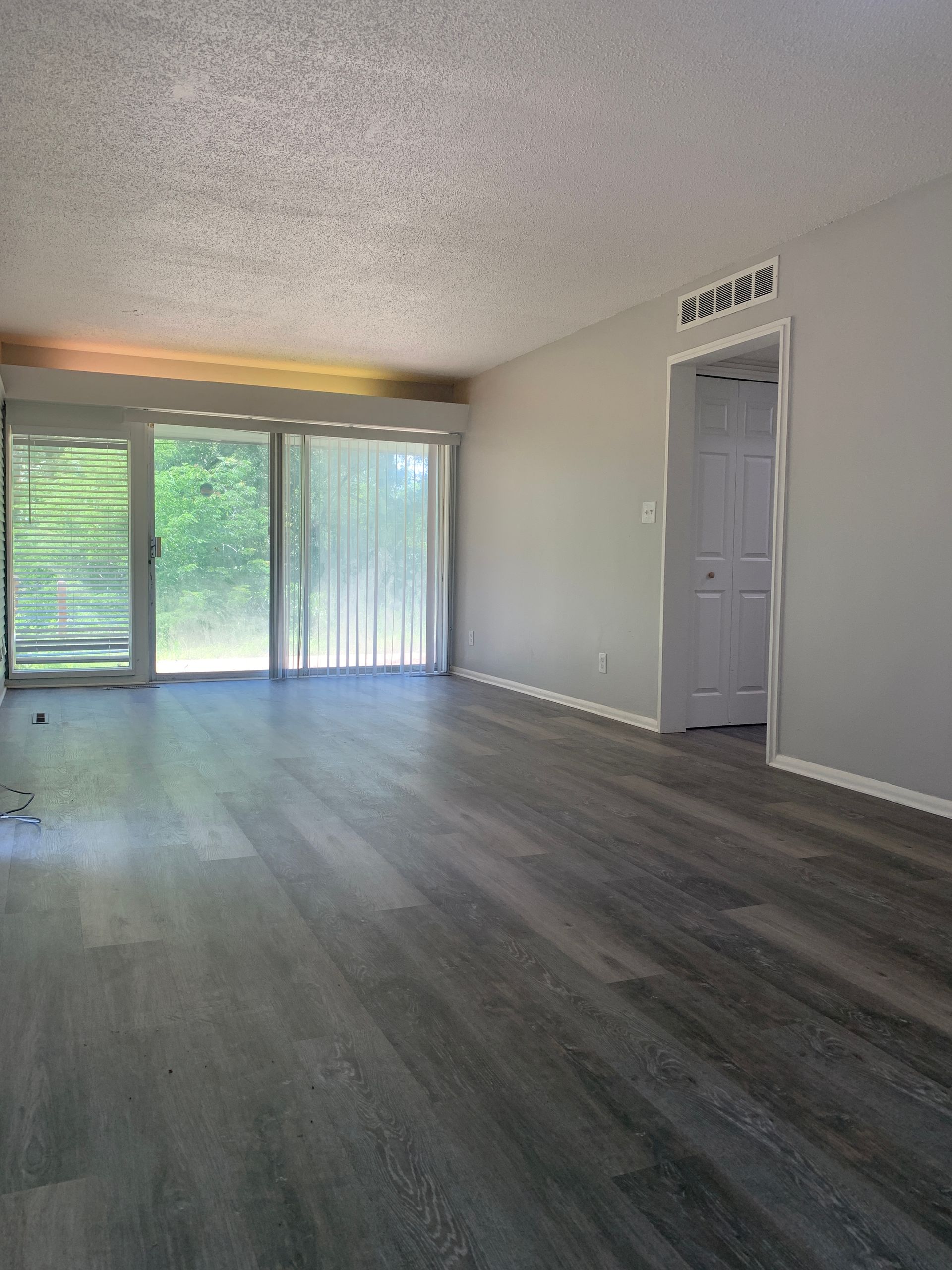 Empty living room with wood-look flooring, sliding glass door, and a door leading to another room. Gray walls.