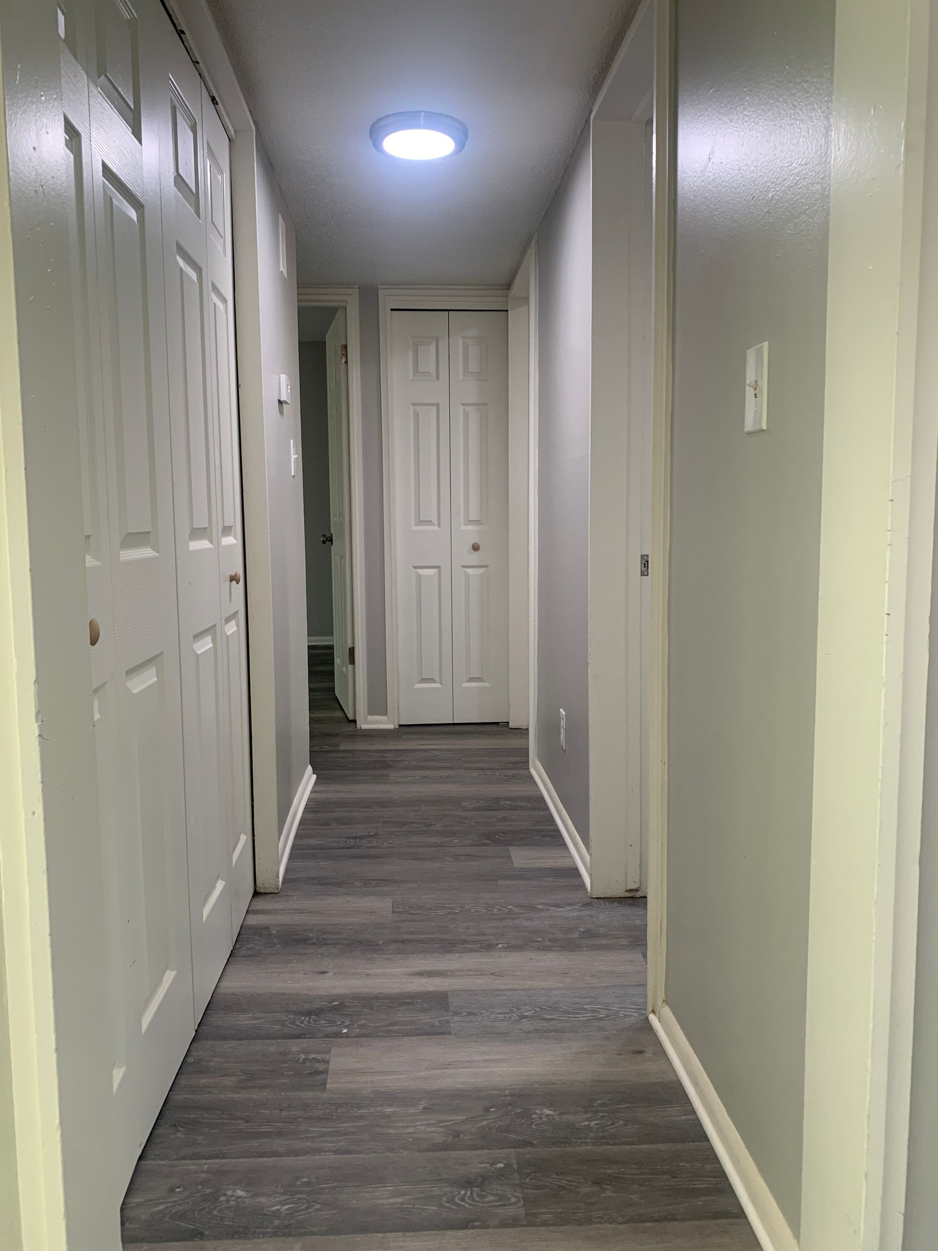 Narrow hallway with gray walls, white doors, and wood-look flooring, illuminated by a ceiling light.