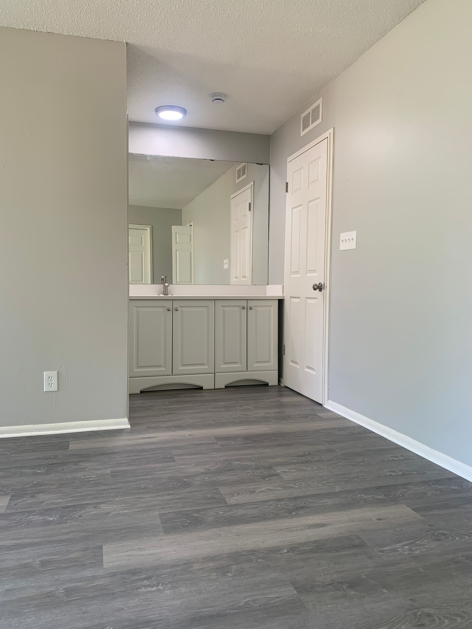 Bathroom interior with gray walls, cabinets, and flooring, white door and ceiling; large mirror.