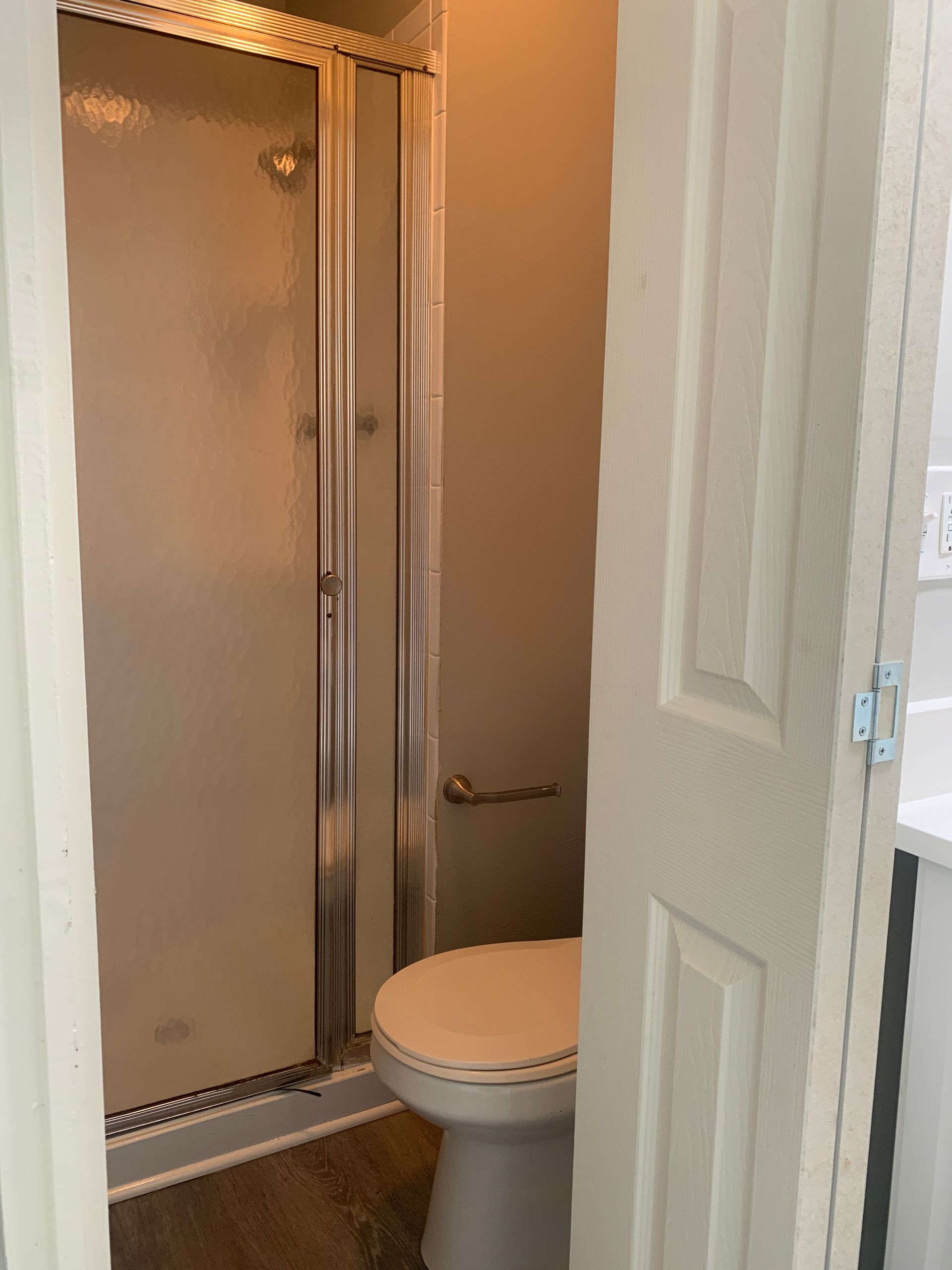 Bathroom interior with shower stall, toilet, and partially visible door.