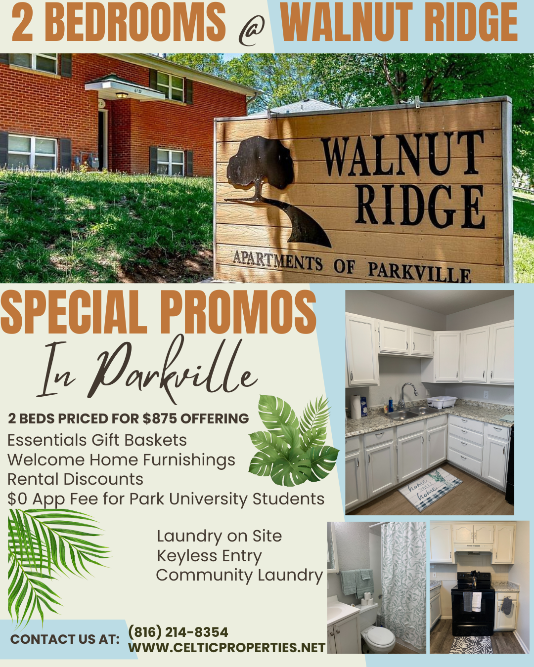 Apartment ad, Walnut Ridge, 2-bedroom units in Parkville, offering promos. Includes kitchen and bathroom images.