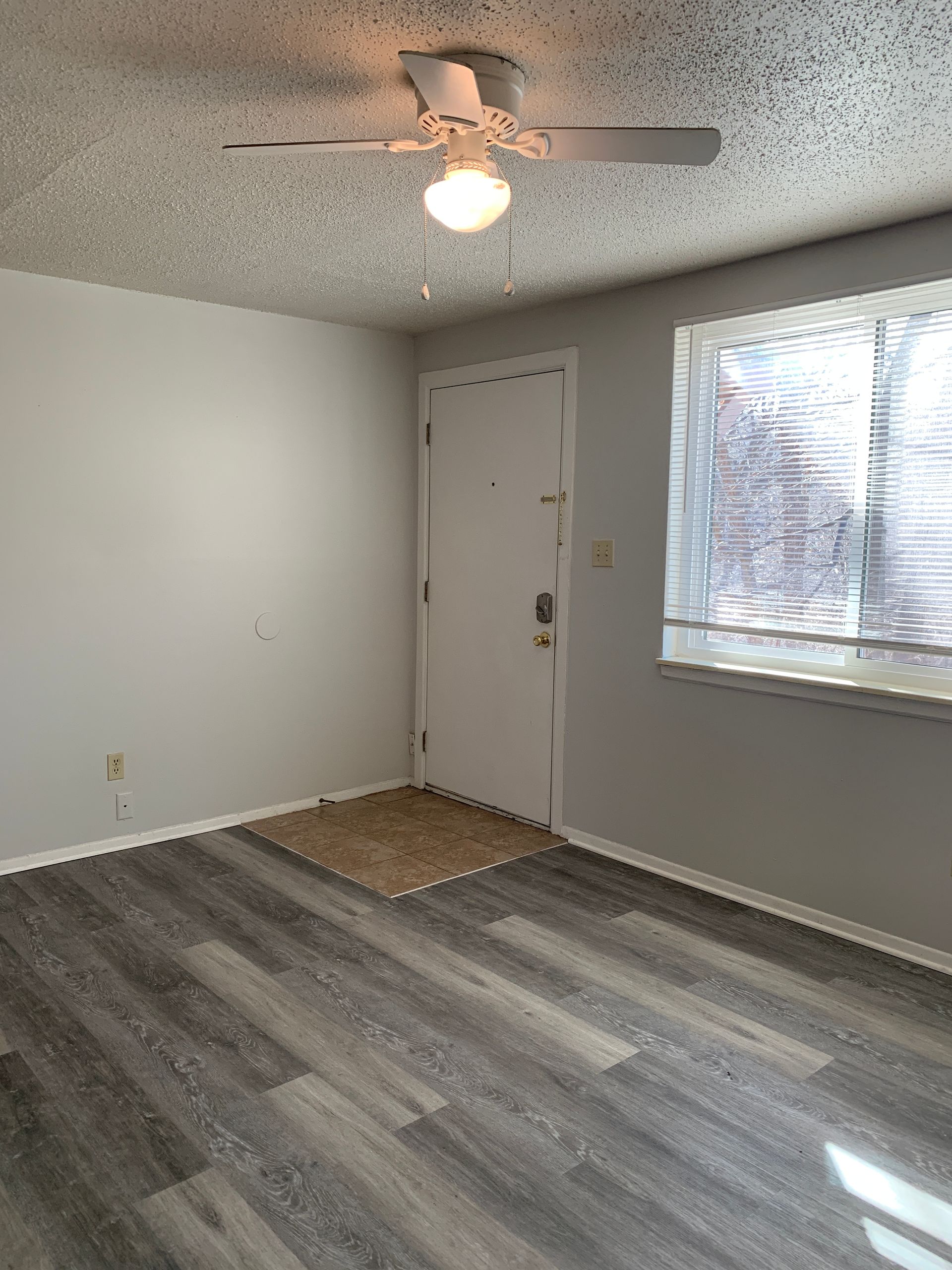 Empty room with grey walls, dark wood-look floor, door, window with blinds, ceiling fan with light, and rug.