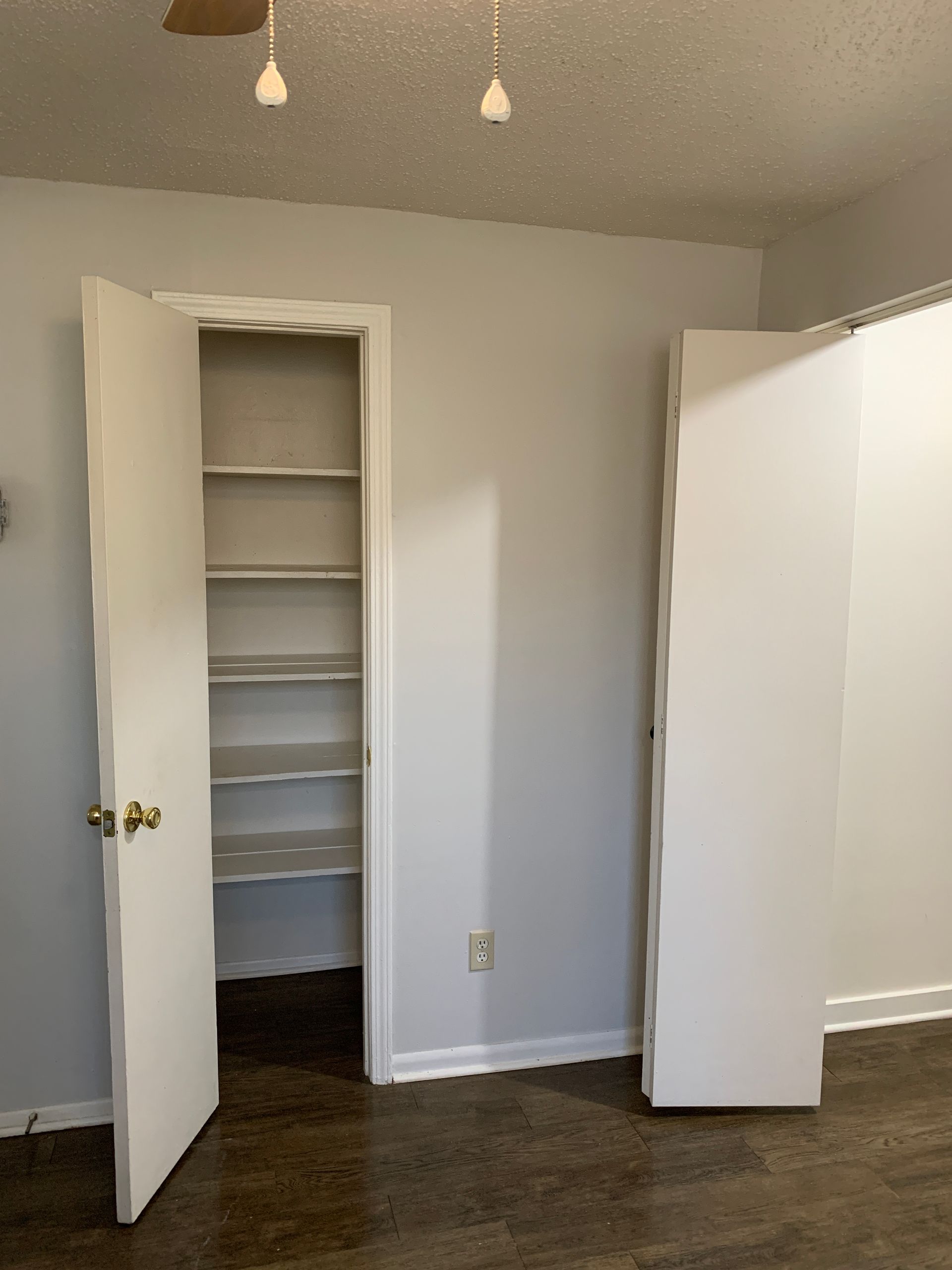 Empty room with open closet and white doors on either side, dark floor, and gray walls.