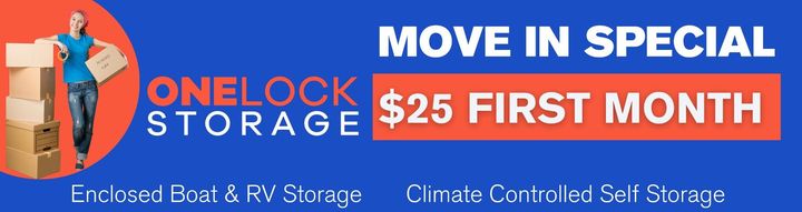 An advertisement for onelock storage shows a man carrying boxes