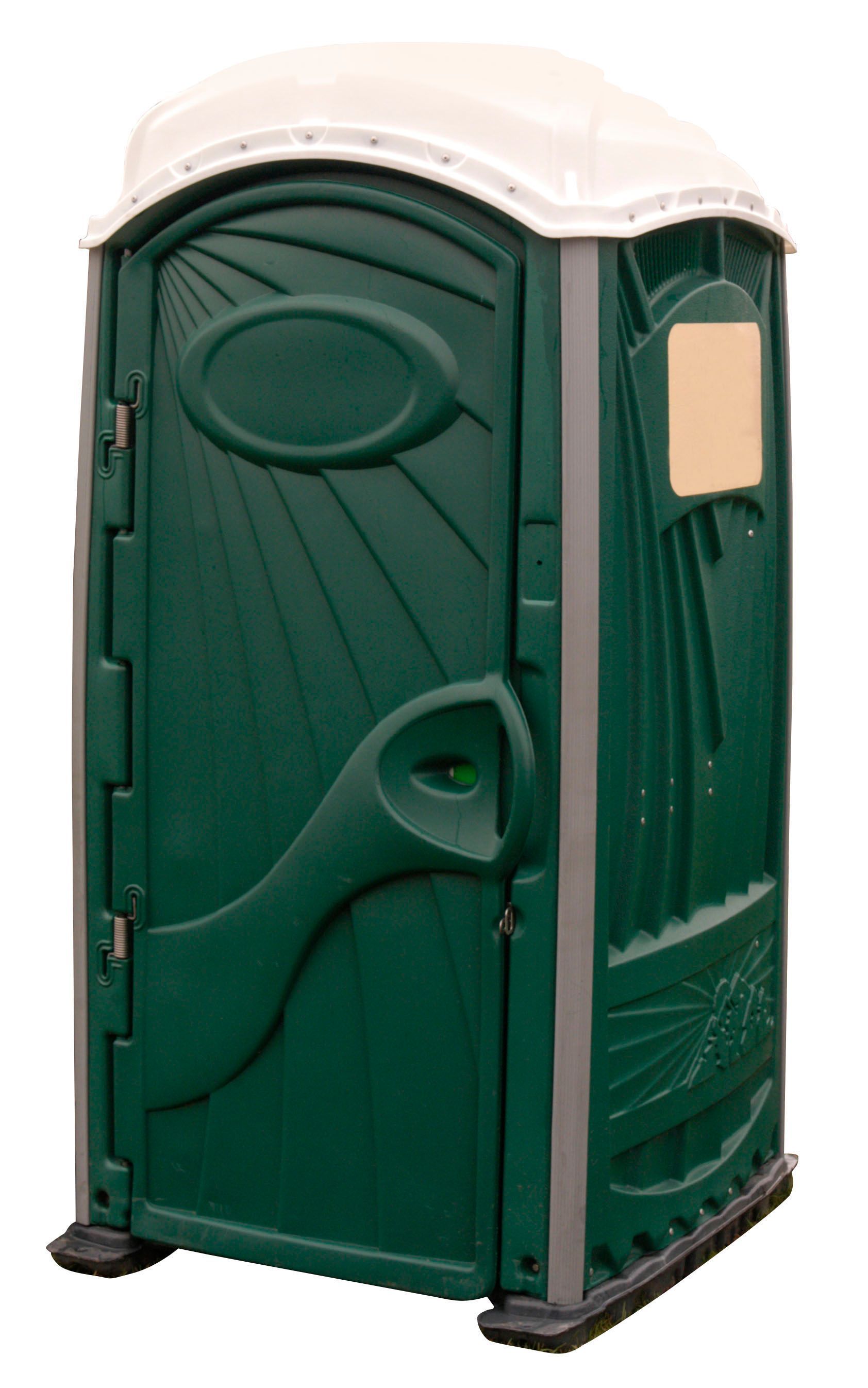 Dark green portable toilet with white roof, set against a white background.