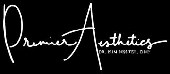 the logo for Premier Aesthetics is written in cursive on a white background.