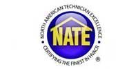 NATE logo: Blue emblem with