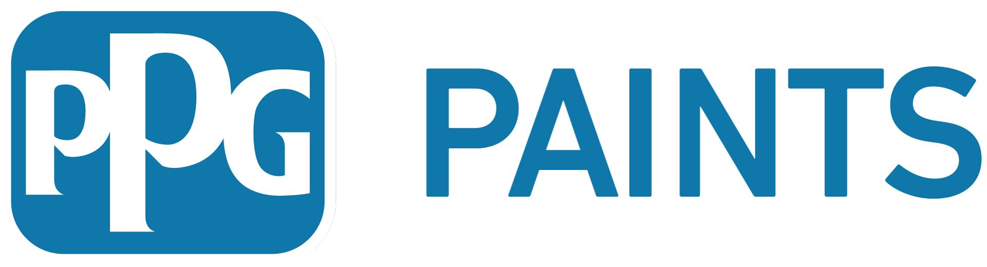 The logo for ppg paints is blue and white.