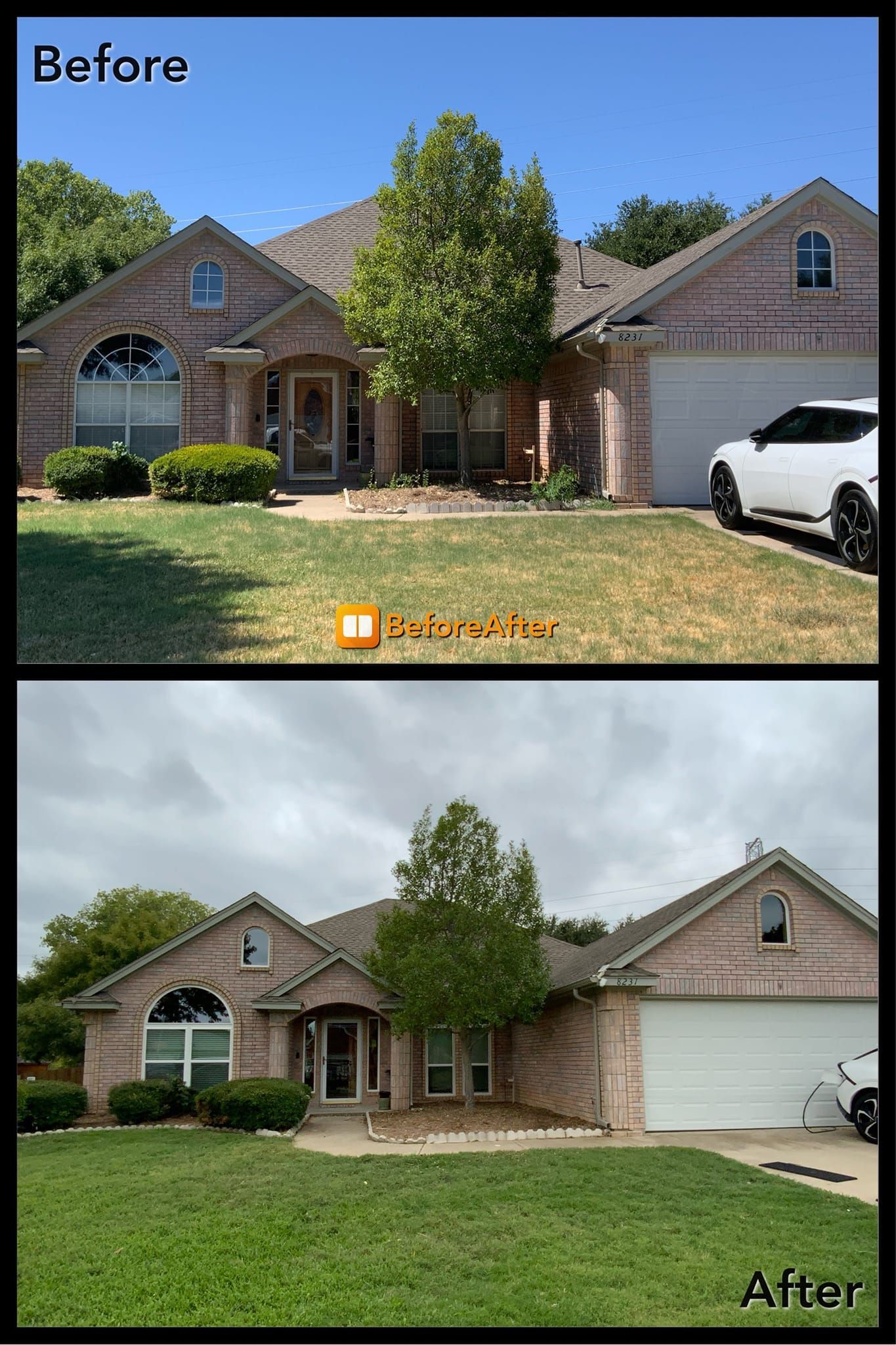 A before and after picture of a brick house with a white truck