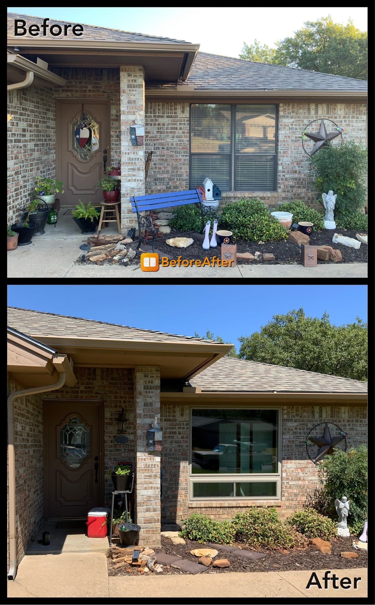 A before and after picture of a brick house with a roof