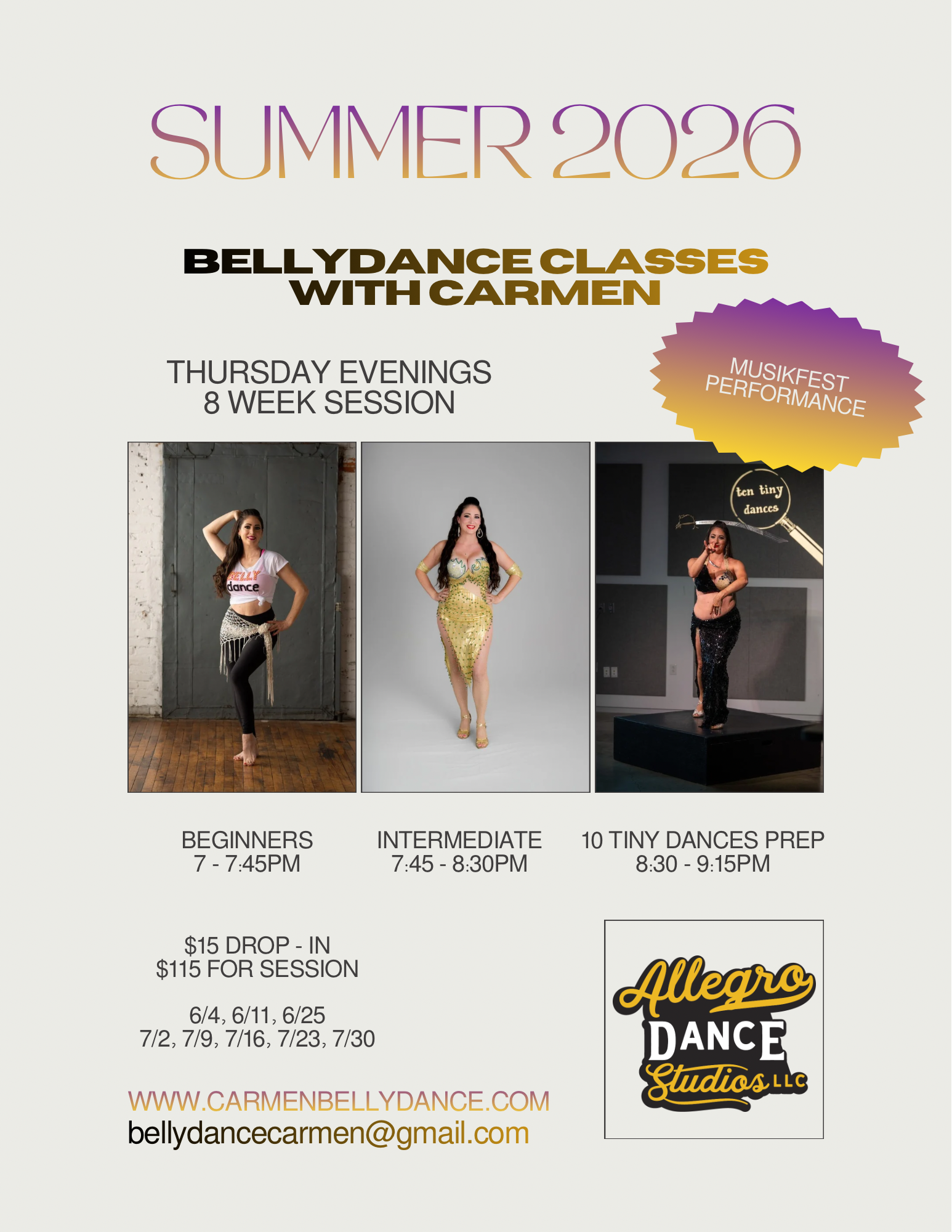 Bellydance conditioning class schedule. Includes Zumba, Ballet, Pilates, and Yoga classes with dates and times listed.