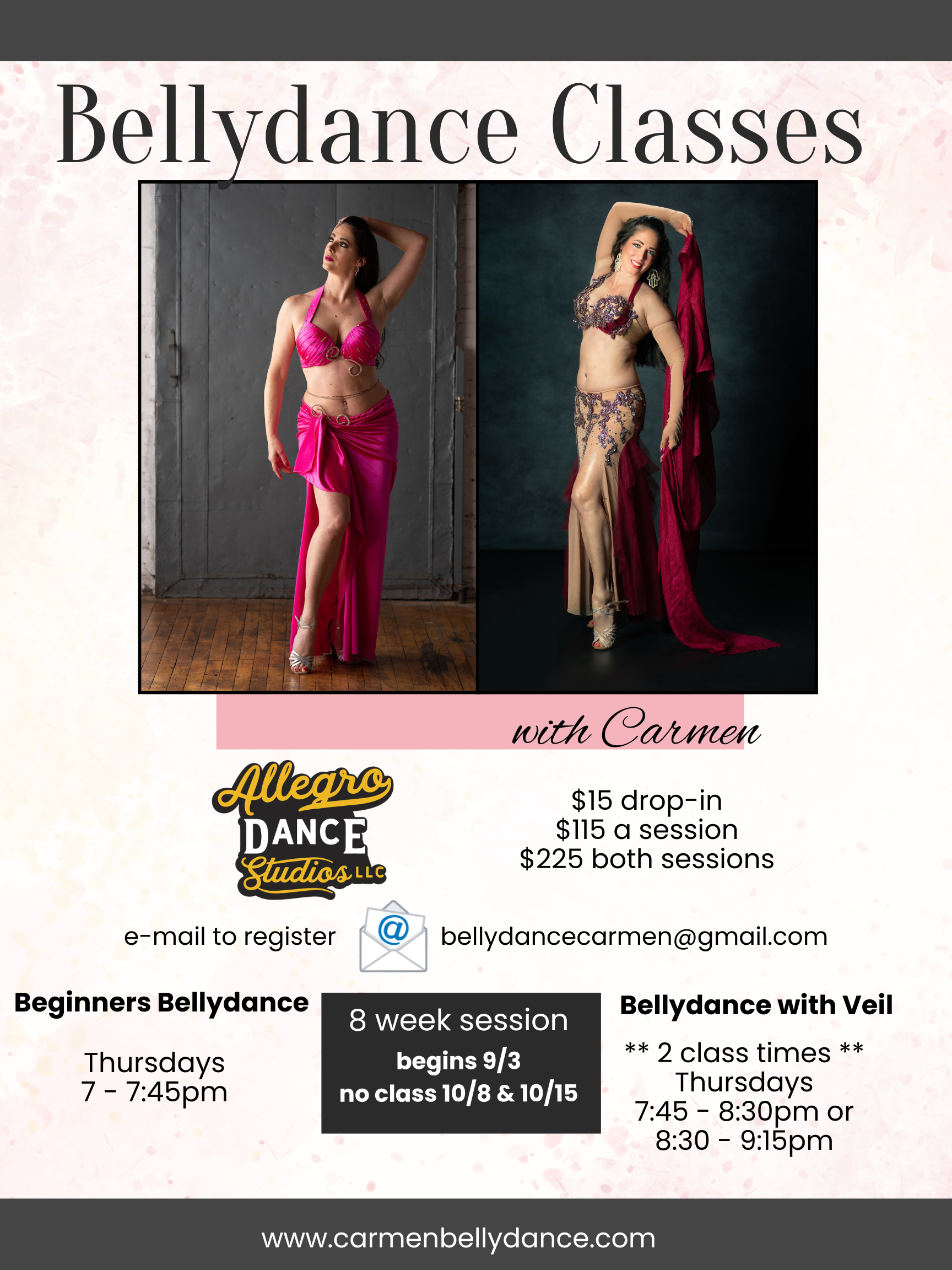 Woman in lavender dress promotes Belly Dance Classes with Carmen at Allegro Dance Studios, Thursdays.