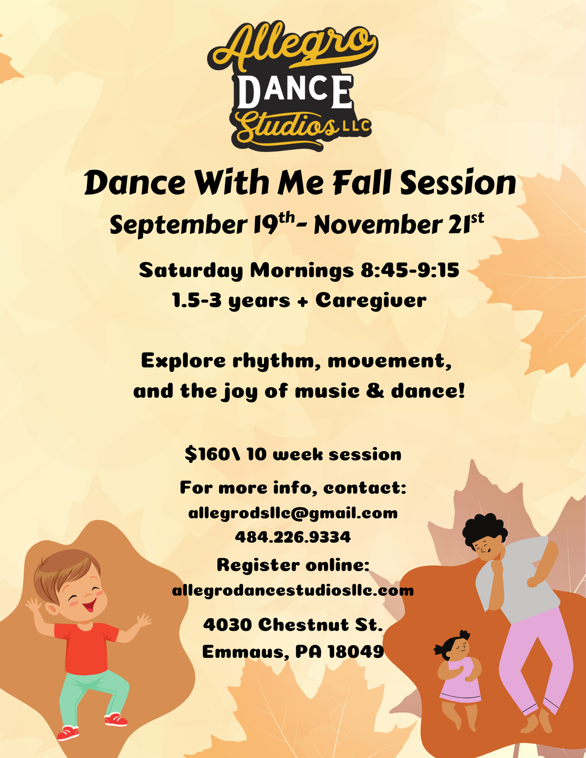 Dance class flyer: Spring session for 1.5-3 yr olds. Saturdays, February 11th - May 9th.  $190/12 weeks. Email/register online.