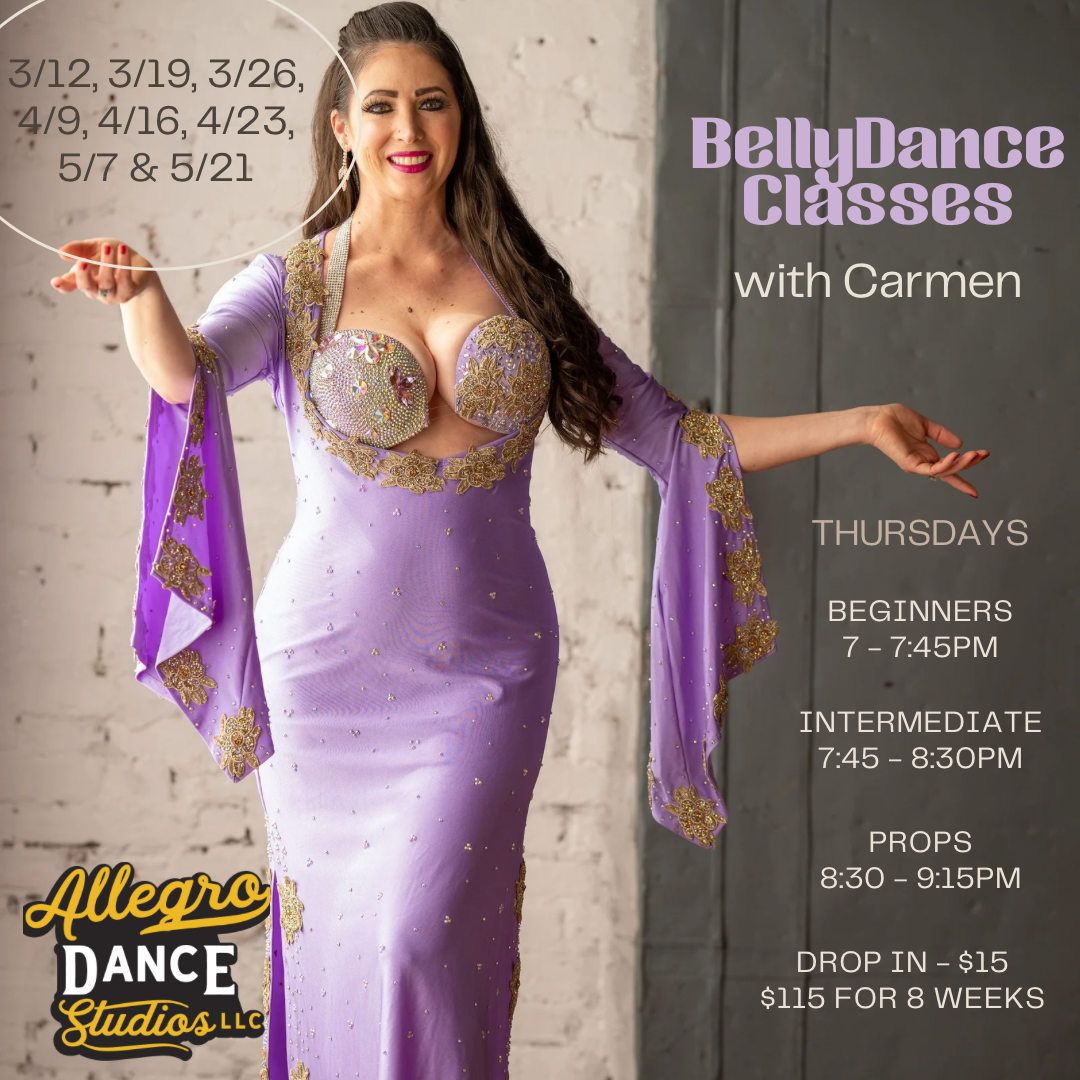 Woman in lavender dress promotes Belly Dance Classes with Carmen at Allegro Dance Studios, Thursdays.