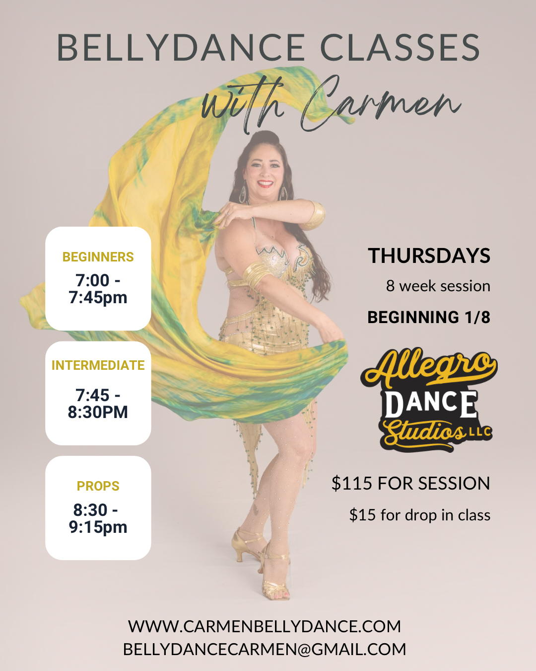 Belly dance classes with Carmen, Thursdays. Beginner, intermediate, and props classes at Allegro Dance Studios. Starts 1/3.