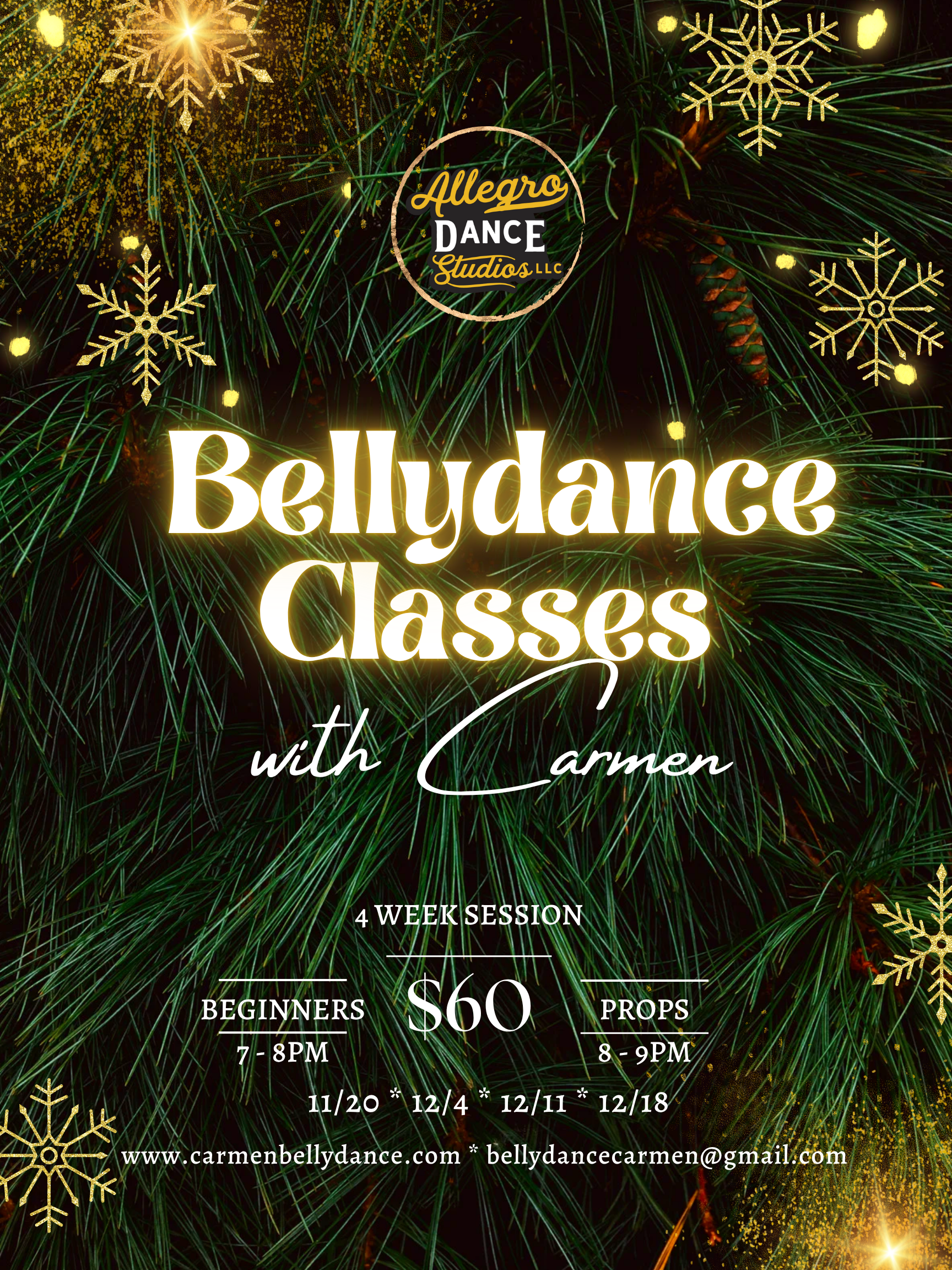 Flyer: Bellydance classes with Carmen. Green background, gold accents.