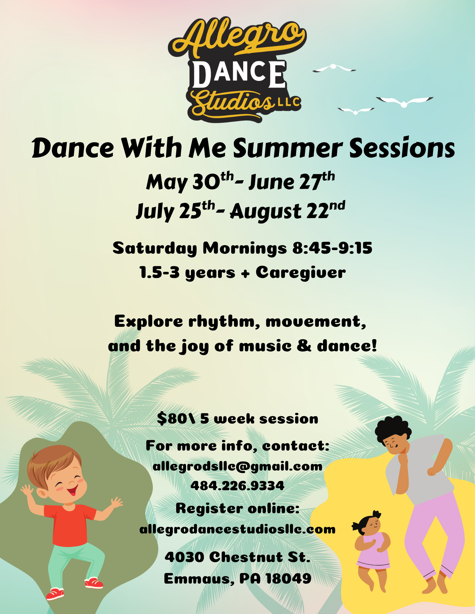Dance class flyer: Spring session for 1.5-3 yr olds. Saturdays, February 11th - May 9th.  $190/12 weeks. Email/register online.