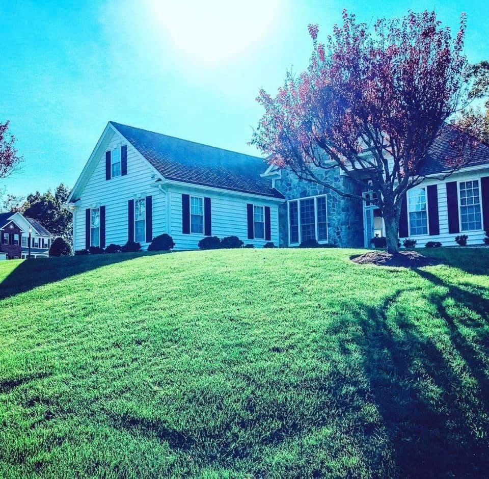 White house with black shutters on a green grassy hill under a bright sun.
