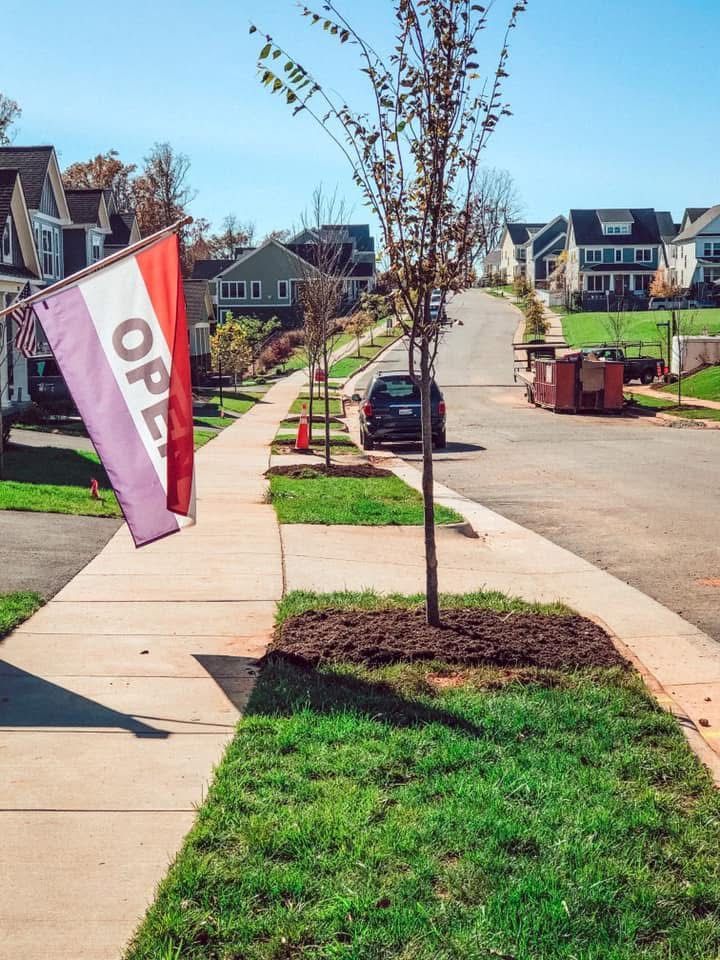 Street with new homes, sidewalk, and OPEN flag. New grass and trees along the sidewalk.