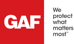 GAF logo with white text on a red background, slogan We protect what matters most.