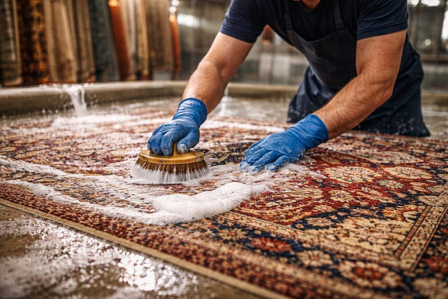 Person scrubbing a patterned rug with a brush and blue gloves on a wet floor
