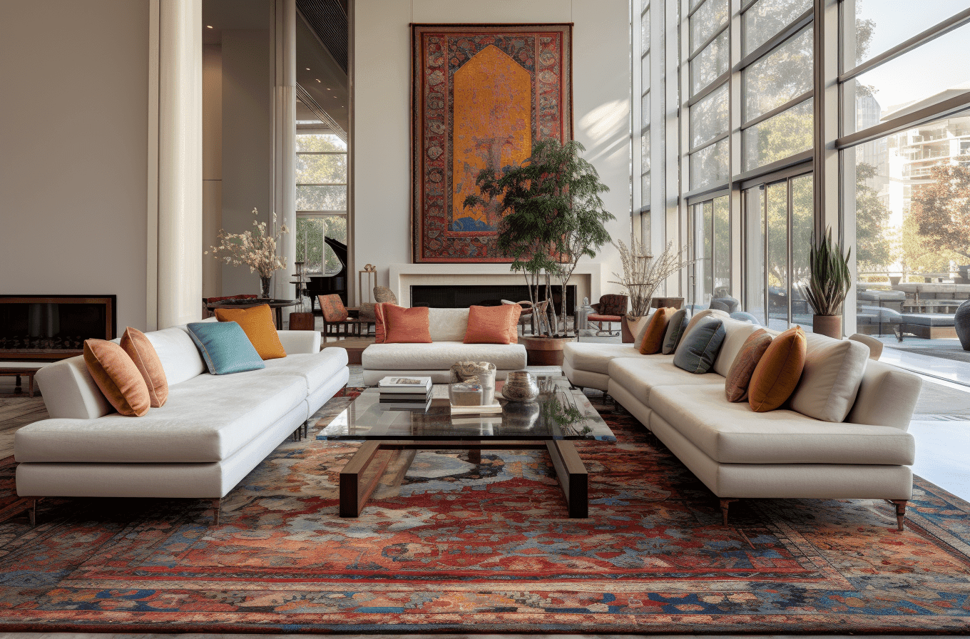 Modern living room with white sofas, glass coffee table, large windows, and colorful area rug