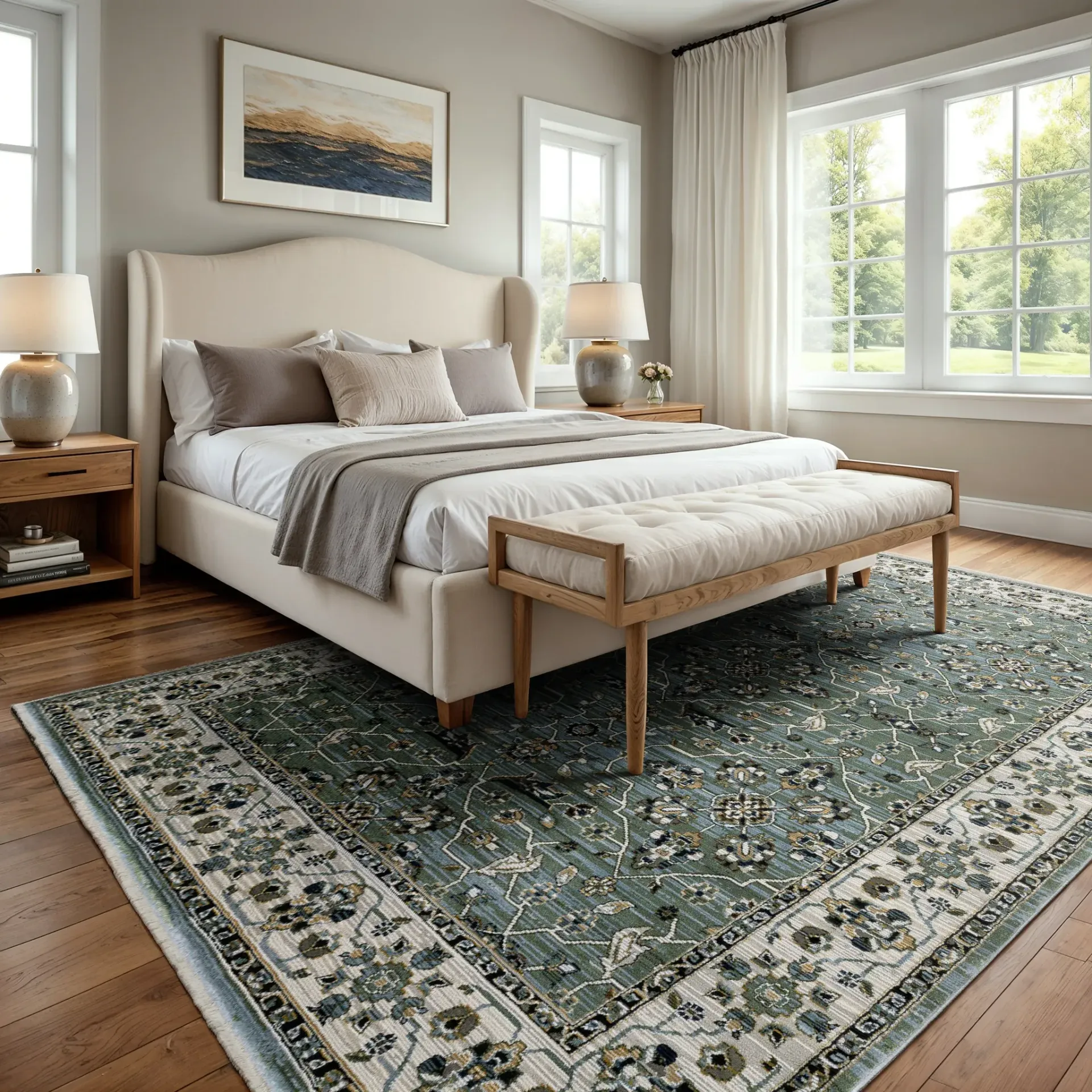 Bright bedroom with a beige bed, patterned green rug, wooden bench, and large windows overlooking trees
